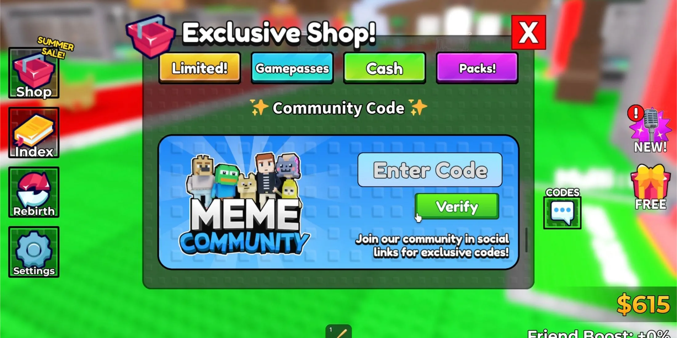 Giao diện tab nhập mã (Codes) trong cửa hàng của game Steal a Meme