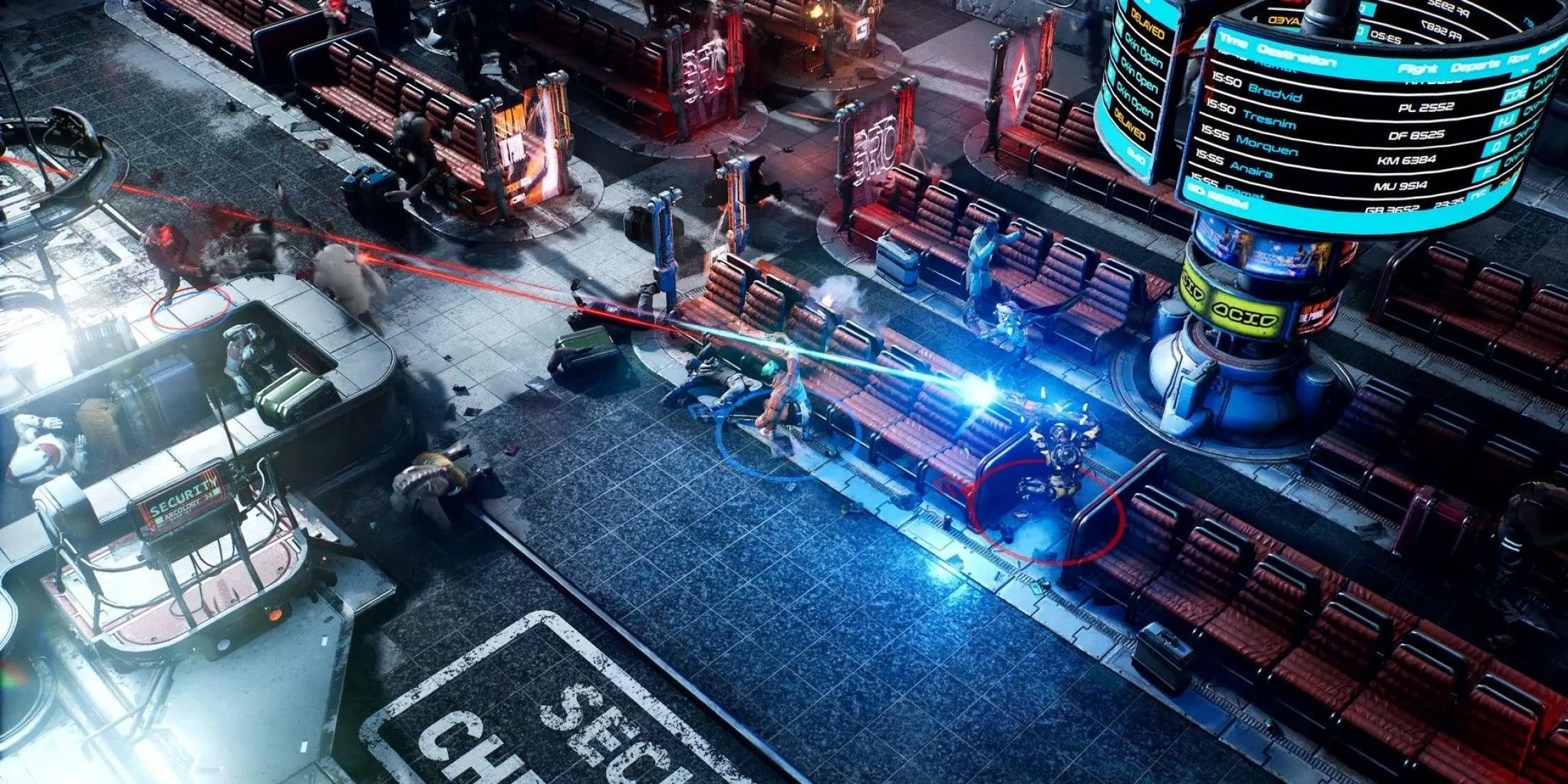 Hai người chơi cùng chiến đấu trong bối cảnh cyberpunk của The Ascent, thể hiện cơ chế twin-stick shooter và hành động co-op.