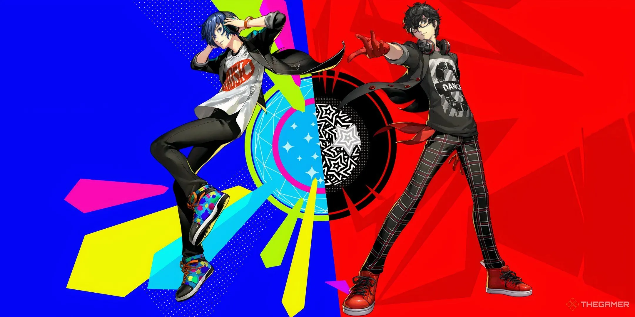 Hình ảnh chia đôi của Persona 3: Dancing in Moonlight và Persona 5: Dancing in Starlight, hai tựa game âm nhạc nhịp điệu của series Persona.