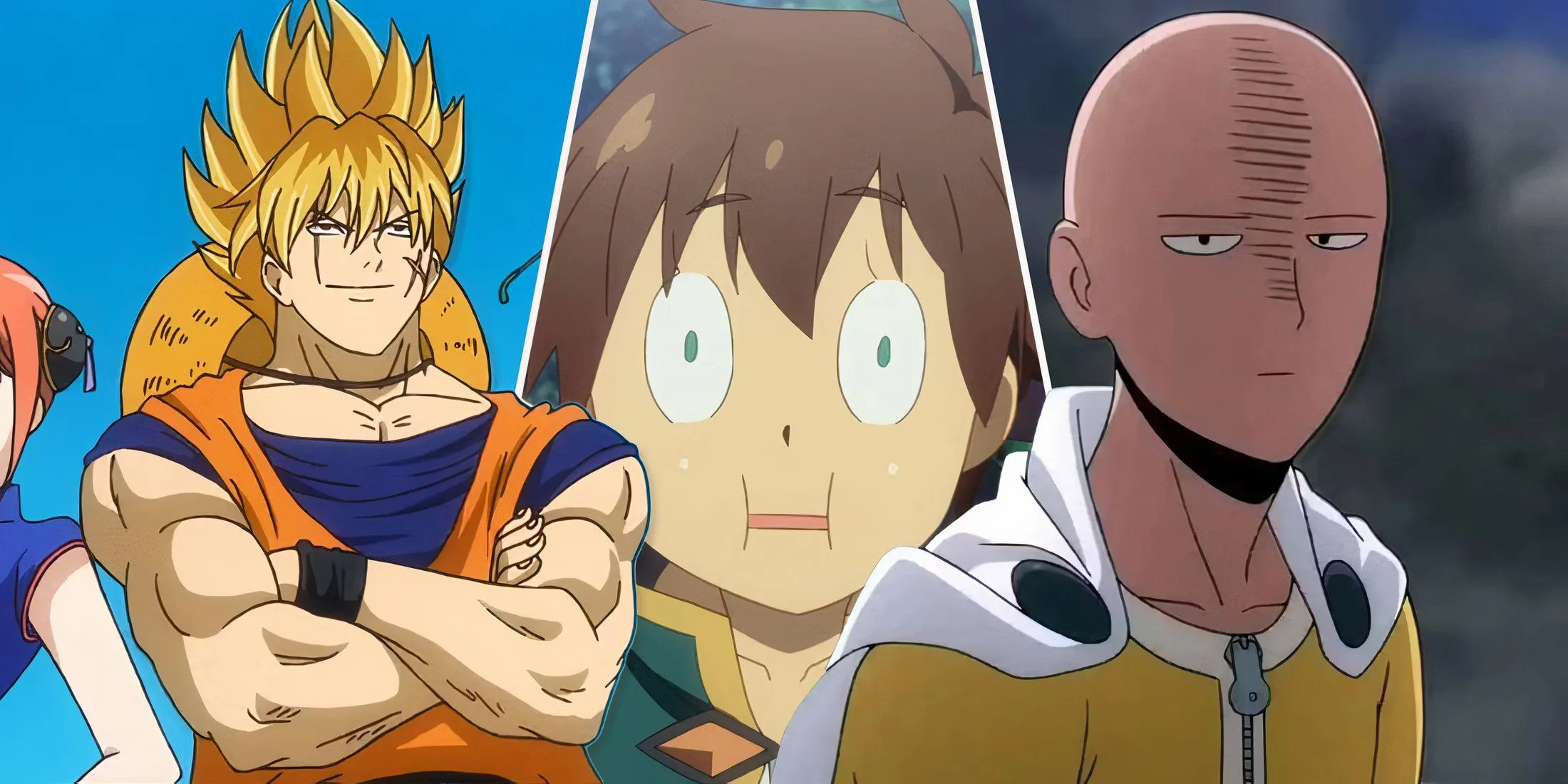 Hình ảnh minh họa các anime hài hước hàng đầu như Konosuba, Gintama và One Punch Man