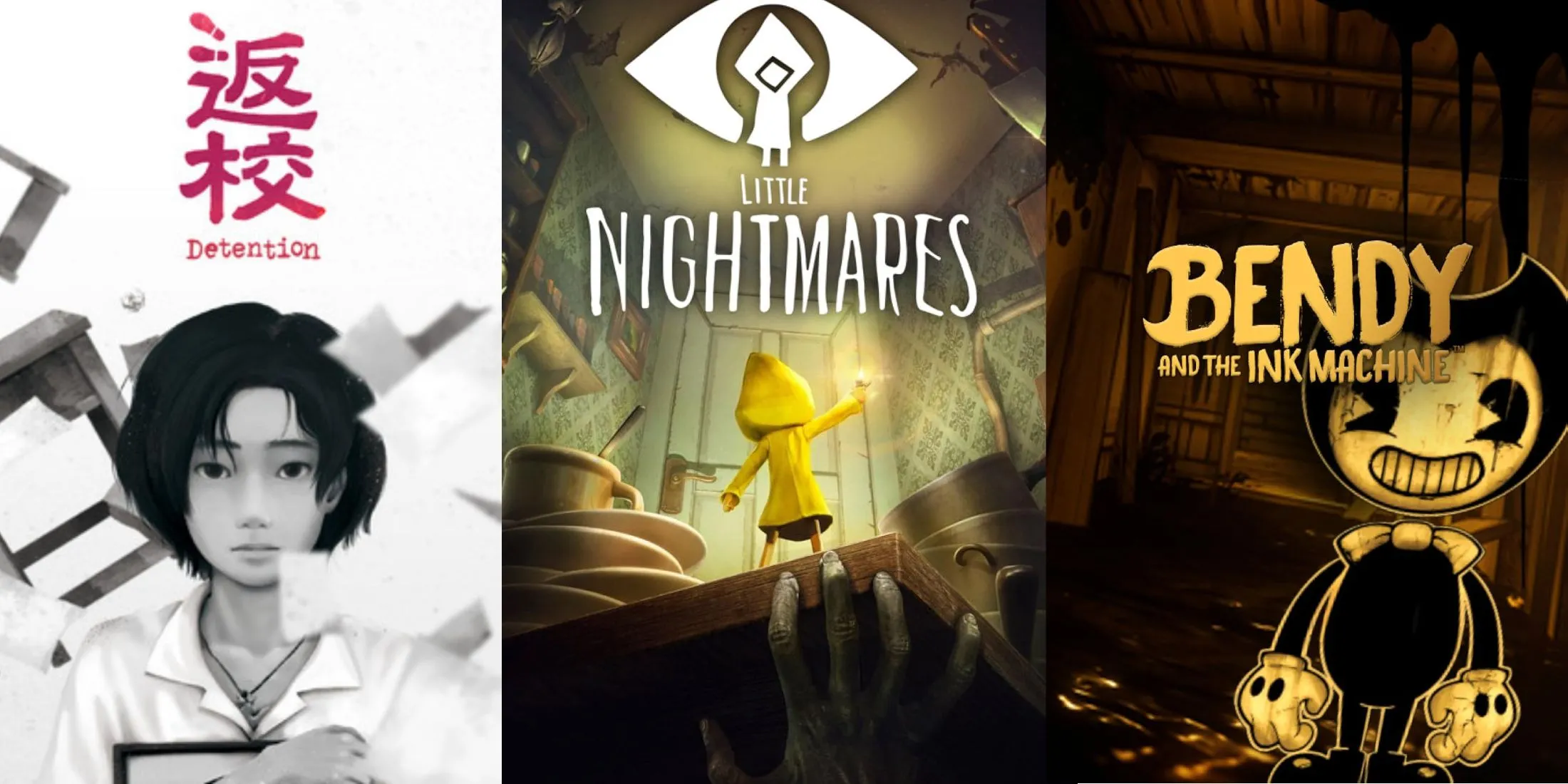 Hình ảnh minh họa các game kinh dị có đồ họa cách điệu như Detention, Little Nightmares và Bendy and the Ink Machine, gợi ý về sự đa dạng phong cách