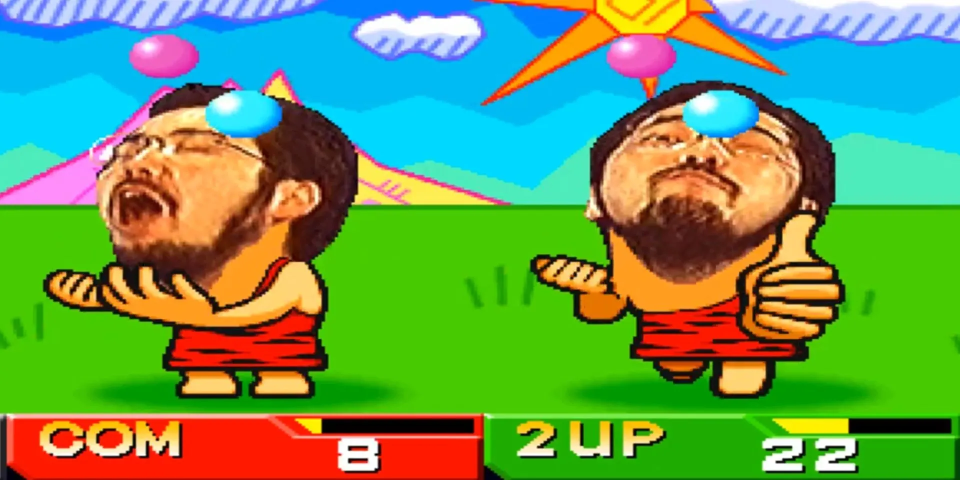 Hình ảnh một mini-game với giao diện kỳ cục trong Bishi Bashi Special, một bộ sưu tập game mini lạ lùng của PS1