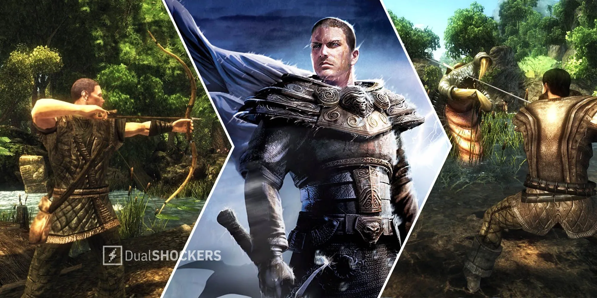 Hình ảnh nhân vật cầm kiếm và bắn cung trong game RPG Risen cổ điển