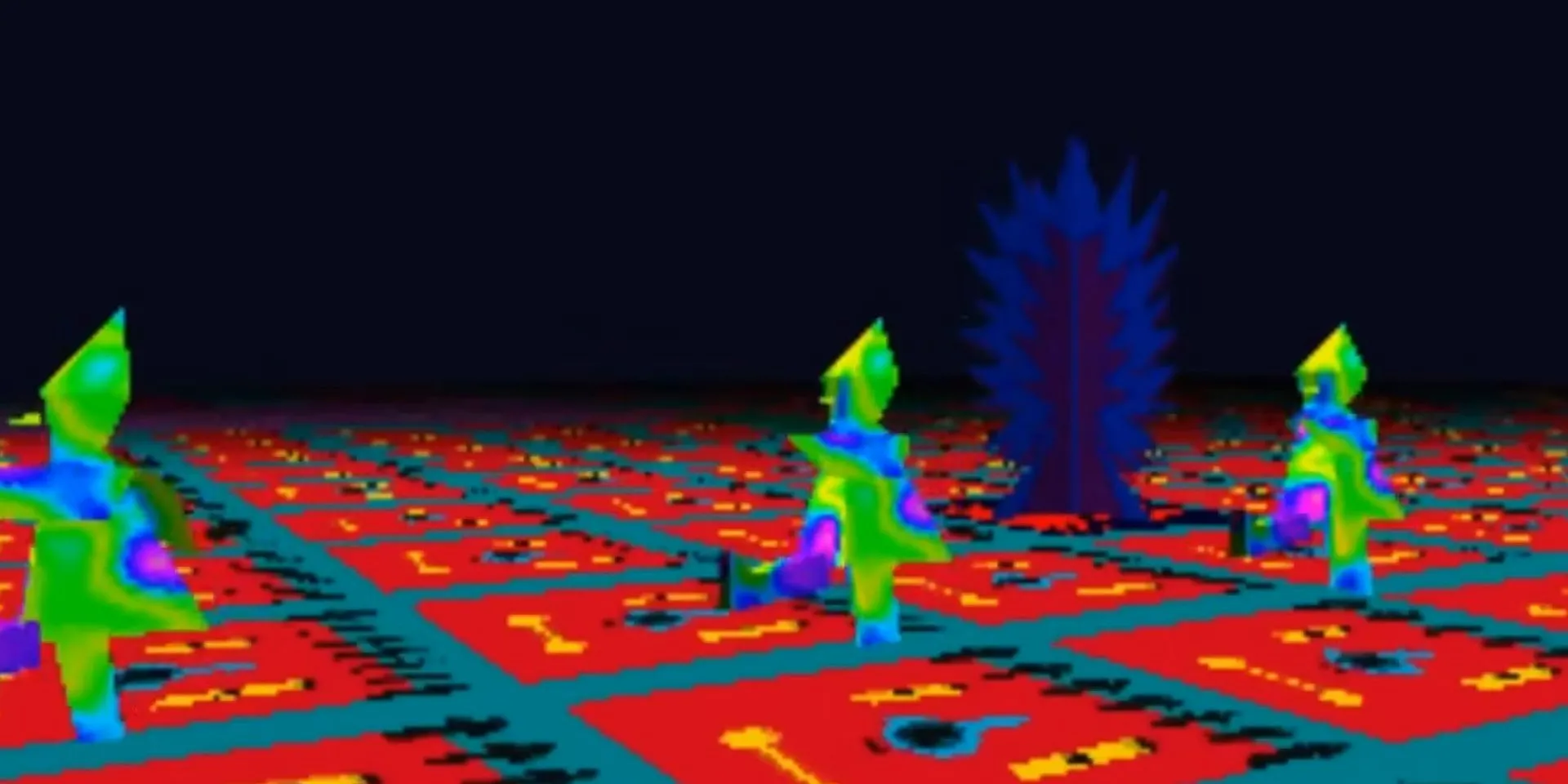Hình ảnh những hình người đang diễu hành trong game LSD Dream Emulator, một trải nghiệm game PS1 kỳ lạ
