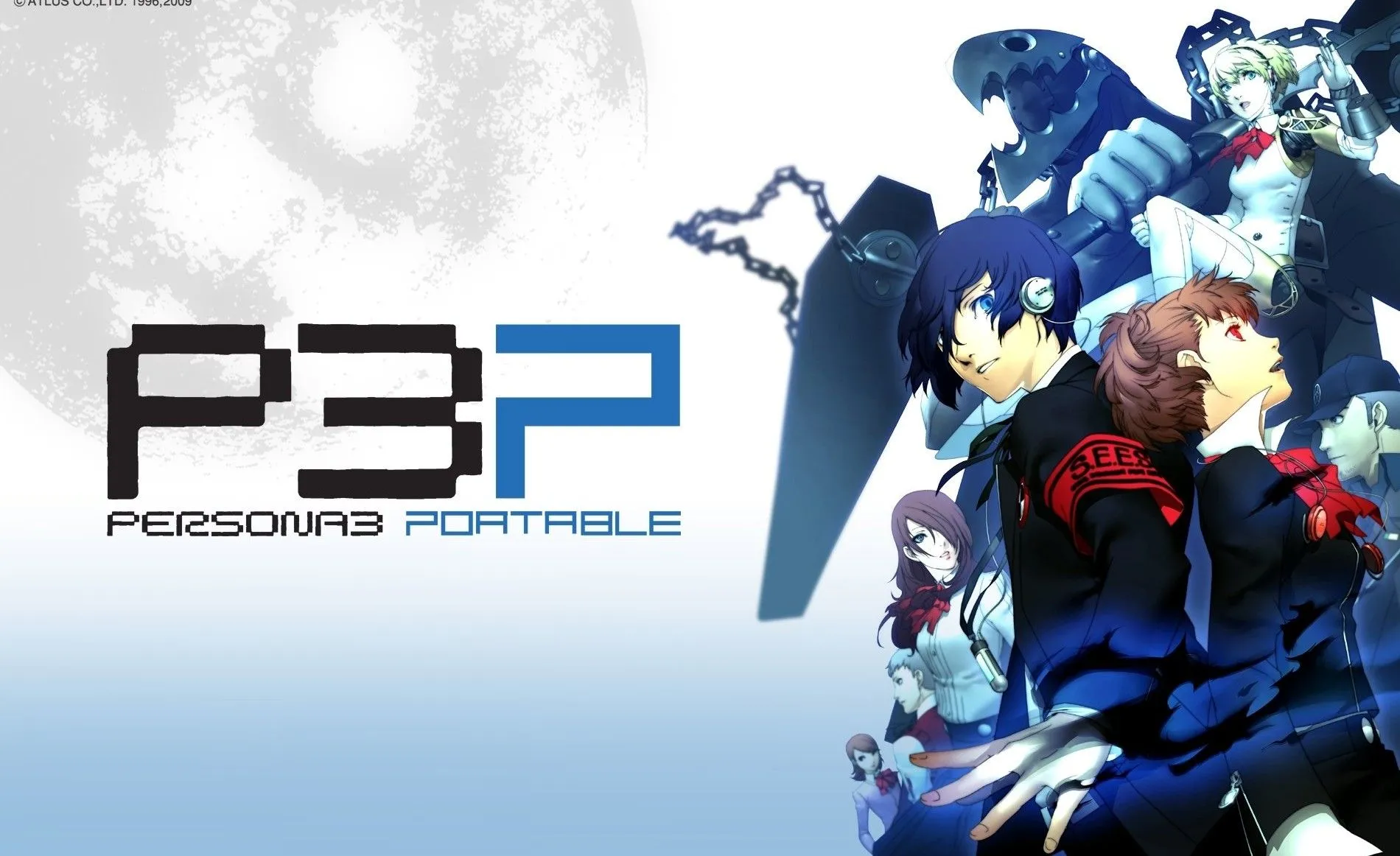 Hình ảnh quảng bá của Persona 3 Portable, với Makoto Yuki (nam chính) và Kotone Shiomi (nữ chính) đứng trước đội hình SEES, thể hiện sự lựa chọn nhân vật chính đa dạng.