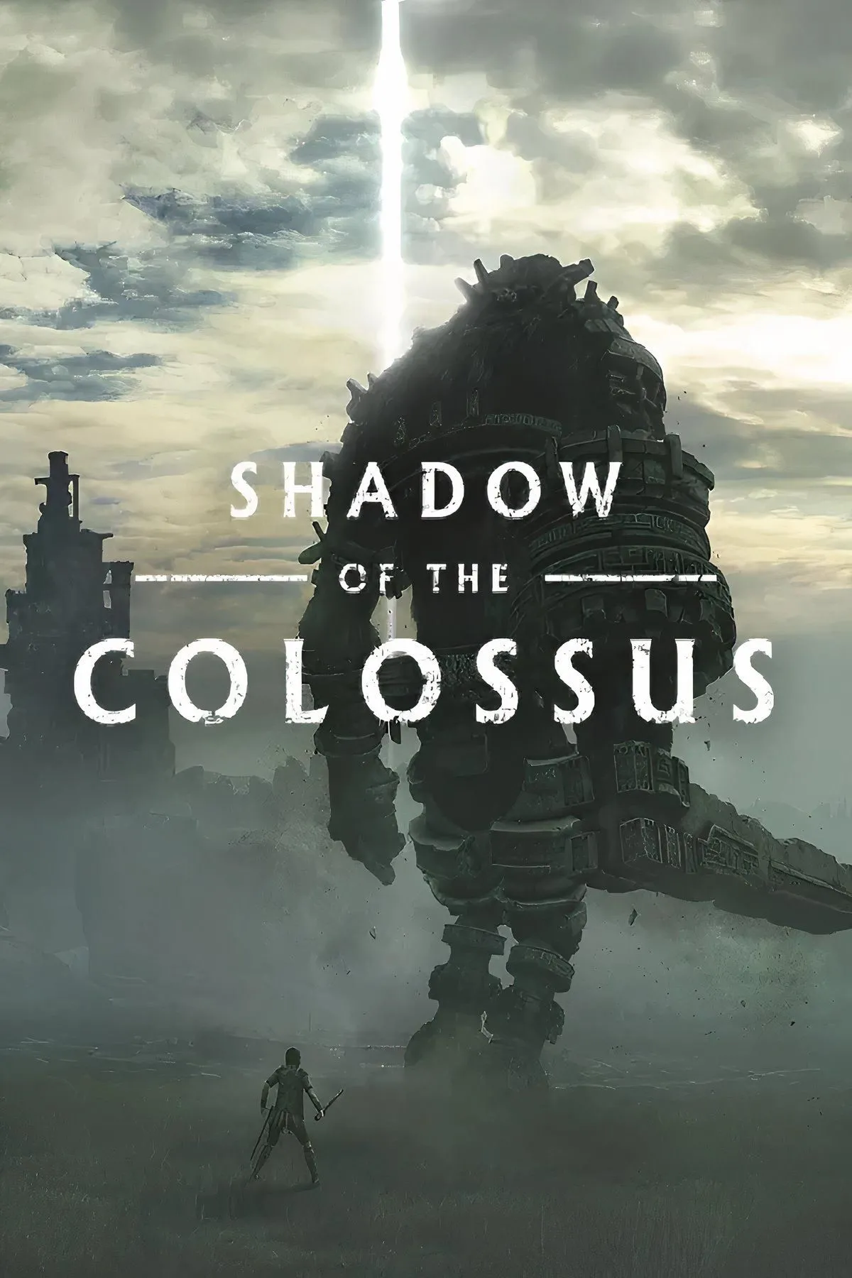 Hình ảnh Shadow of the Colossus, Wander đối mặt với một Colossus khổng lồ, thể hiện quy mô và vẻ đẹp bi tráng của game phiêu lưu.