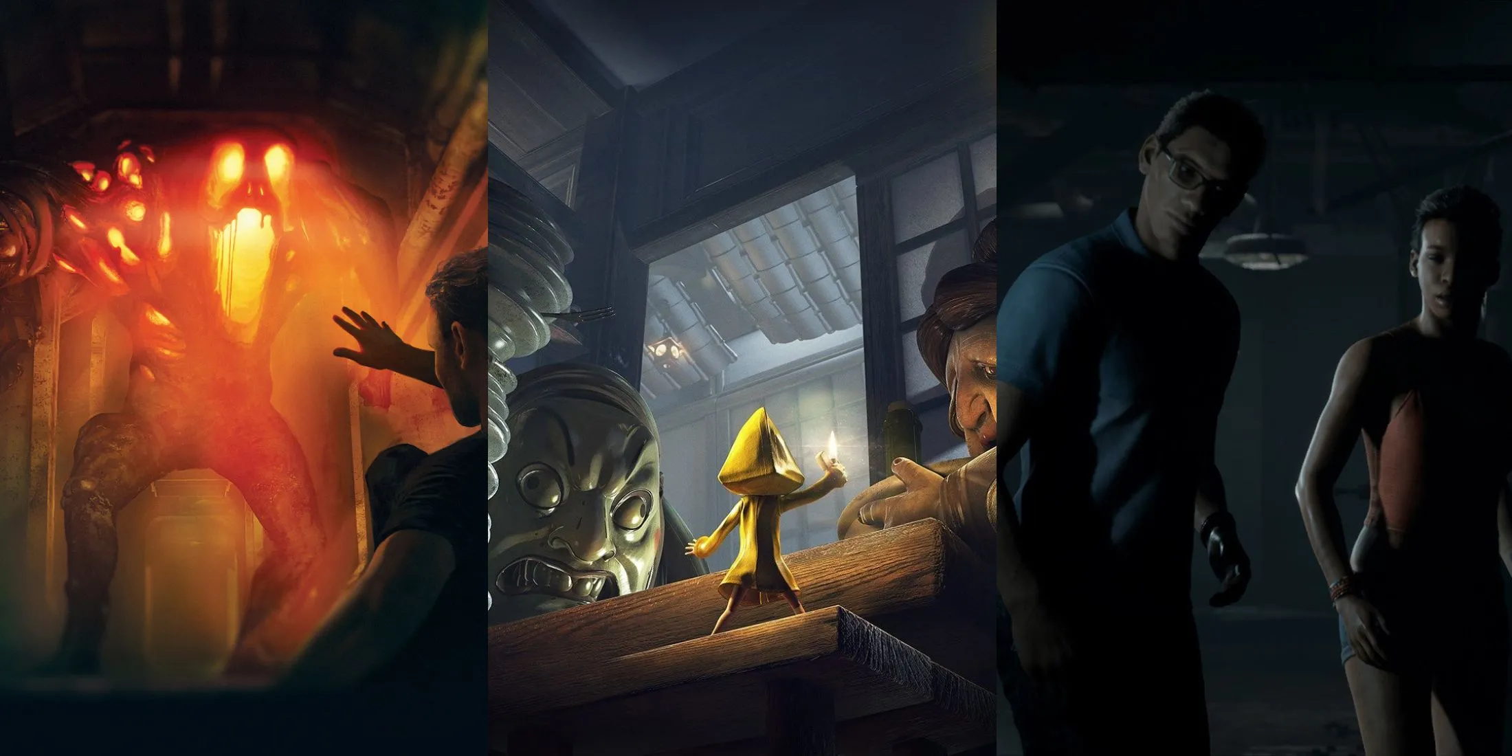 Hình ảnh tổng hợp các game kinh dị lấy bối cảnh trên tàu, bao gồm Monstrum, Little Nightmares và Man of Medan, thể hiện nỗi sợ hãi từ không gian kín và biển cả