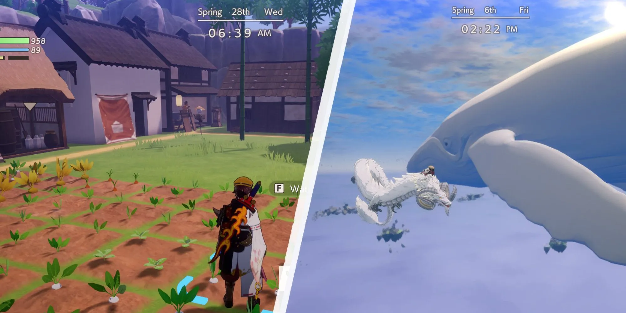 Hình ảnh xây dựng làng và khám phá các hòn đảo trên lưng sinh vật bay trong Rune Factory Guardians of Azuma.