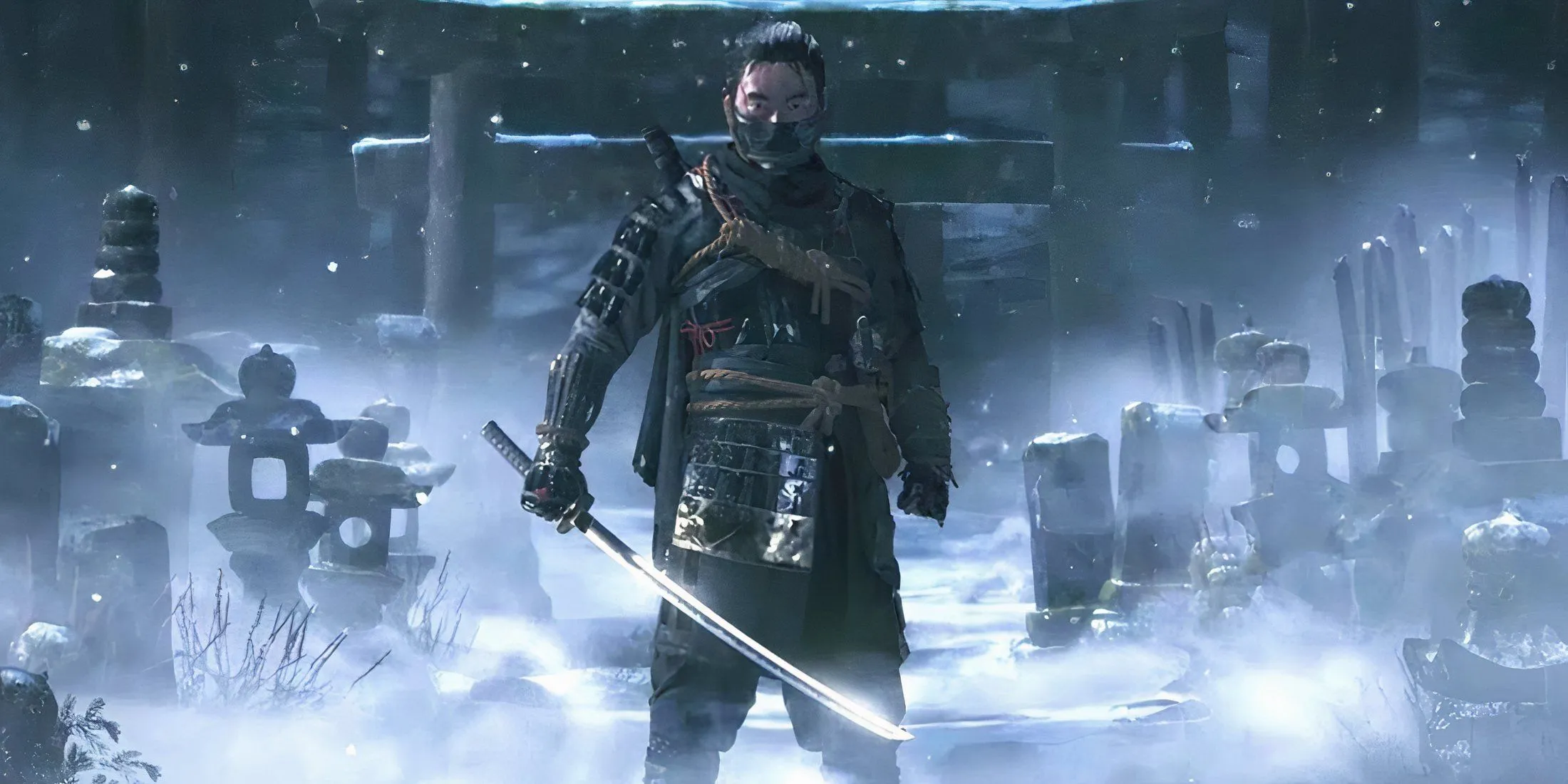 Jin Sakai trên hòn đảo Tsushima phủ tuyết trong Ghost of Tsushima