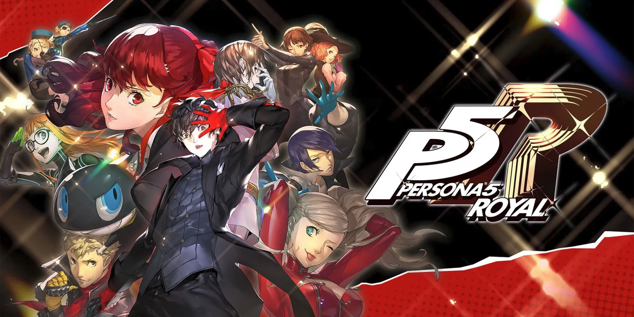 Joker và nhóm Phantom Thieves của Persona 5 Royal đứng tạo dáng trên nền đỏ đen đặc trưng, thể hiện phong cách nổi loạn và bí ẩn của họ.