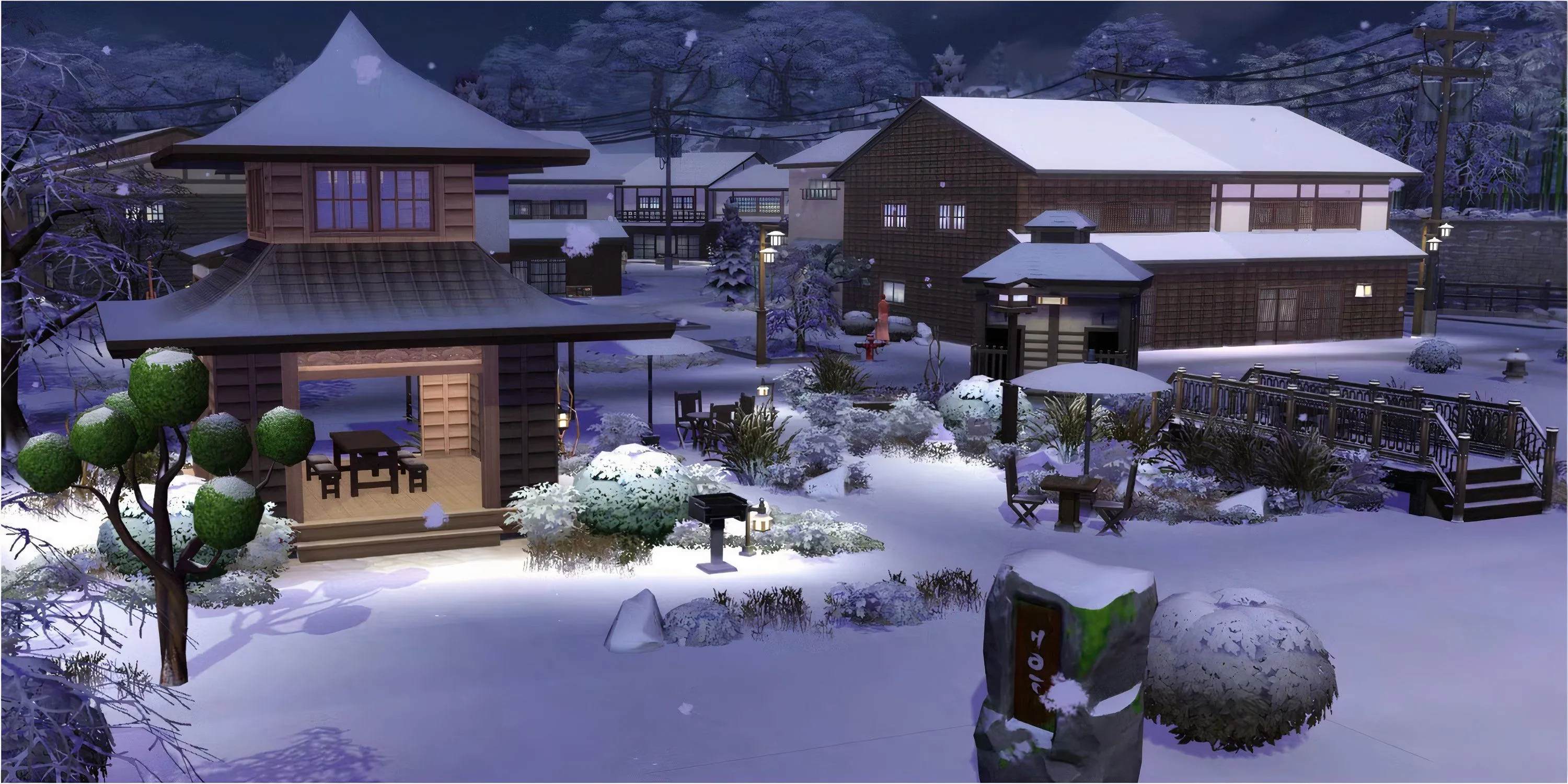 Kiyomatsu Vacation Rental ấm cúng trong khung cảnh tuyết Mt Komorebi Sims 4