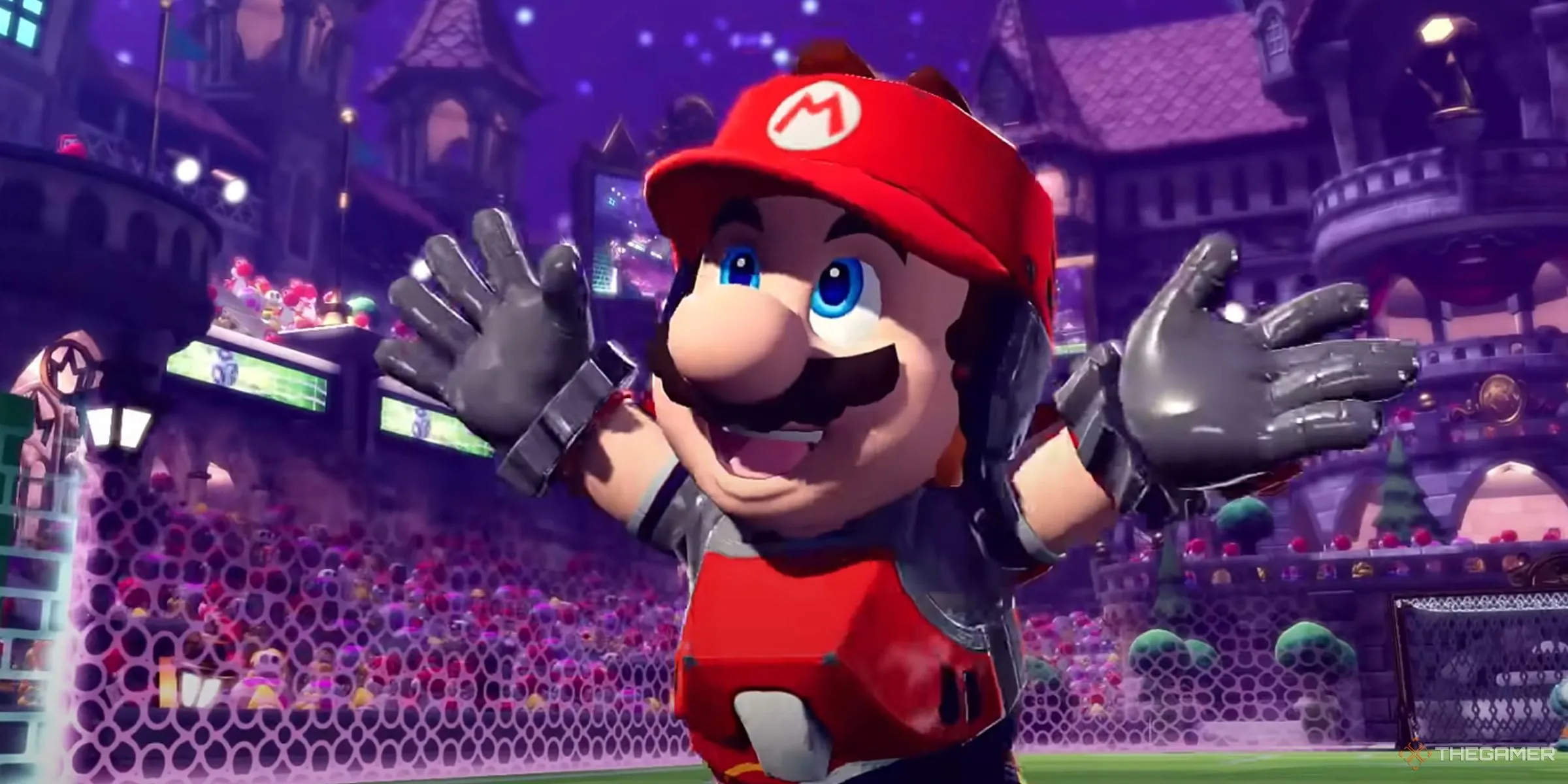 Mario ăn mừng chiến thắng cùng người hâm mộ trong game Mario Strikers: Battle League