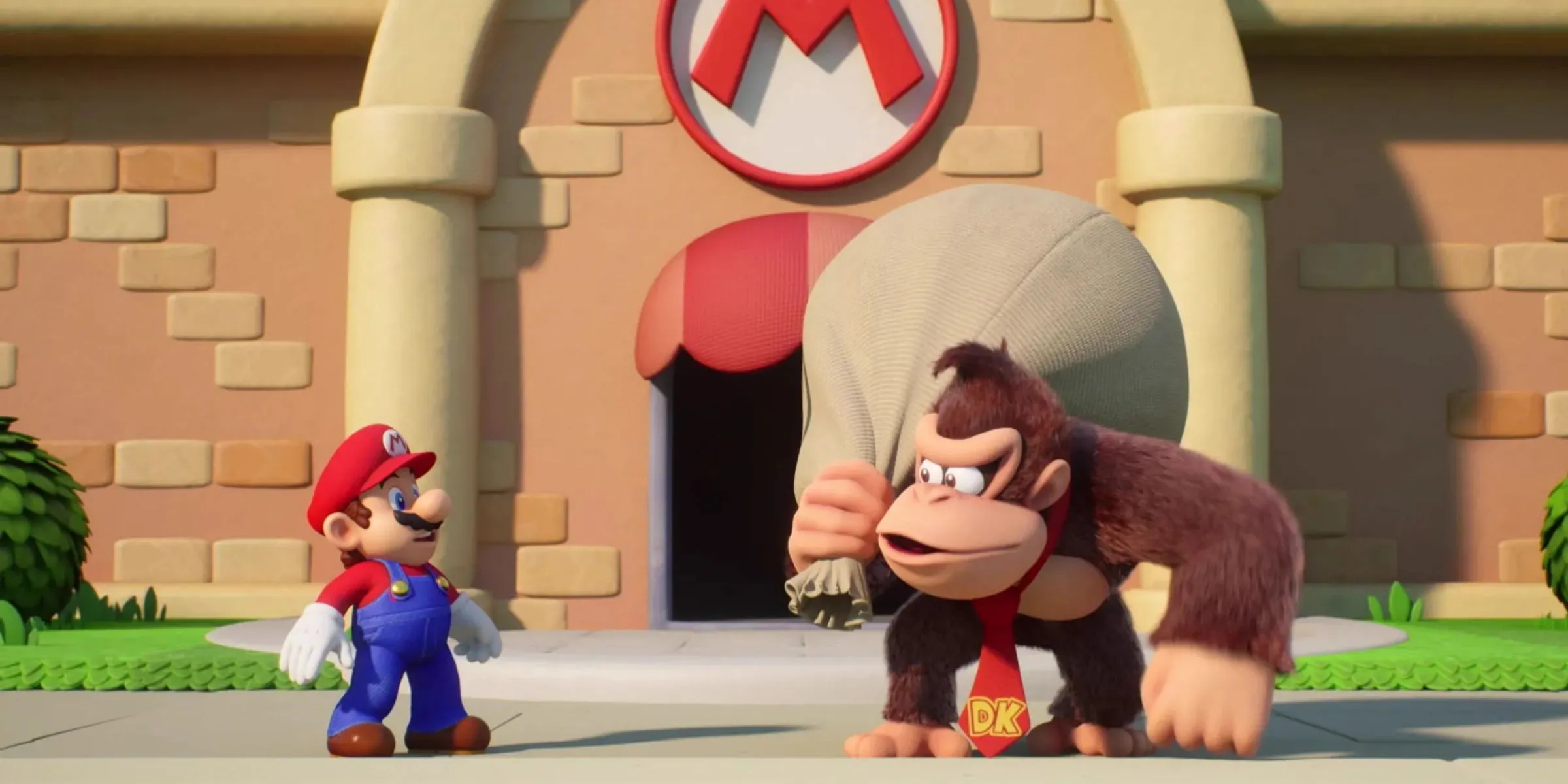 Mario bất ngờ khi Donkey Kong trộm đồ chơi Mini-Mario trong Mario Vs. Donkey Kong trên Nintendo Switch