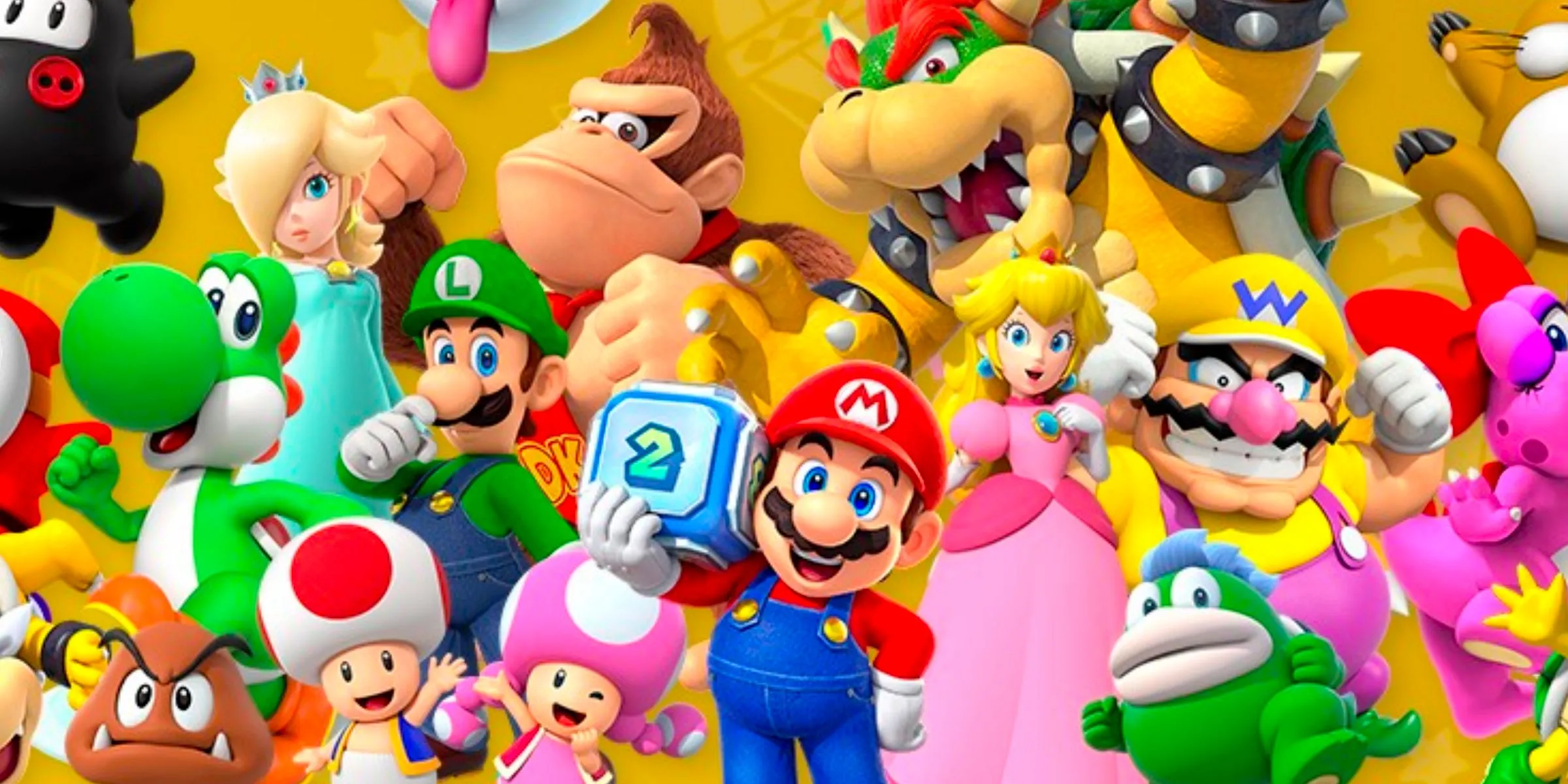 Mario cầm khối xúc xắc giữa dàn nhân vật trong game Super Mario Party Jamboree