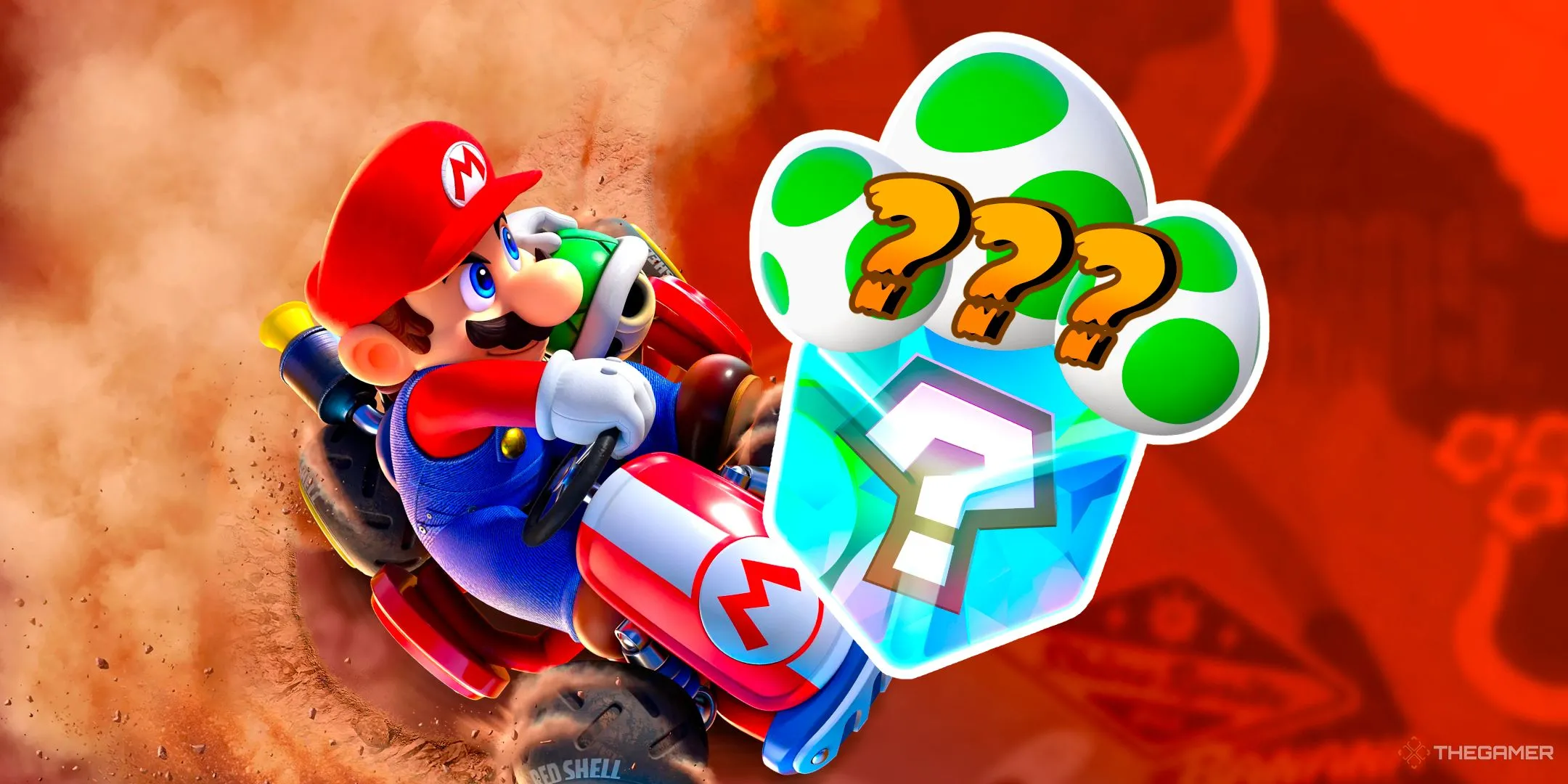 Mario lái Standard Kart vượt trứng Yoshi và Item Box trên đường đua Mario Kart World