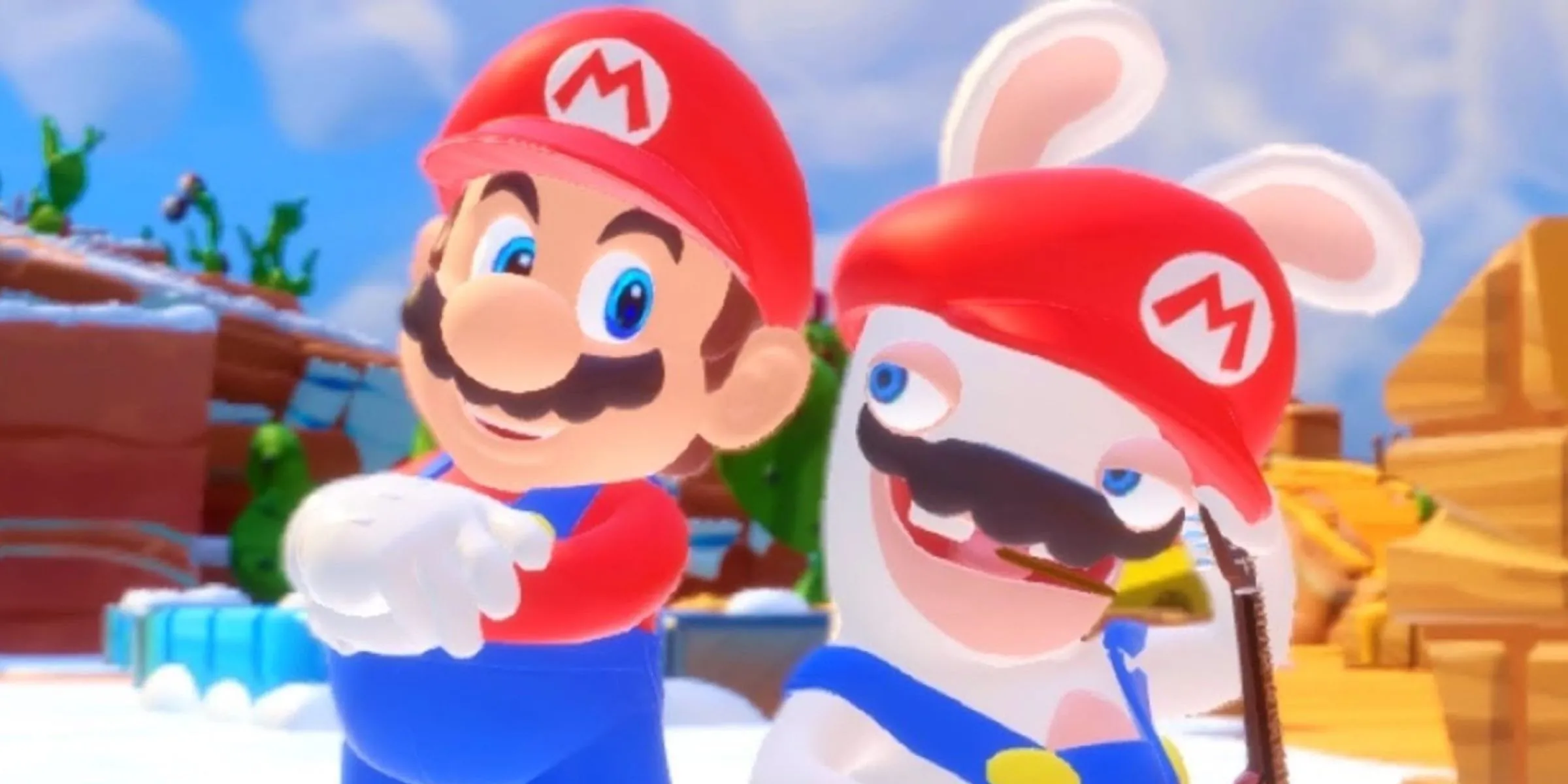 Mario tạo dáng bên cạnh Rabbid Mario trong Mario + Rabbids Kingdom Battle