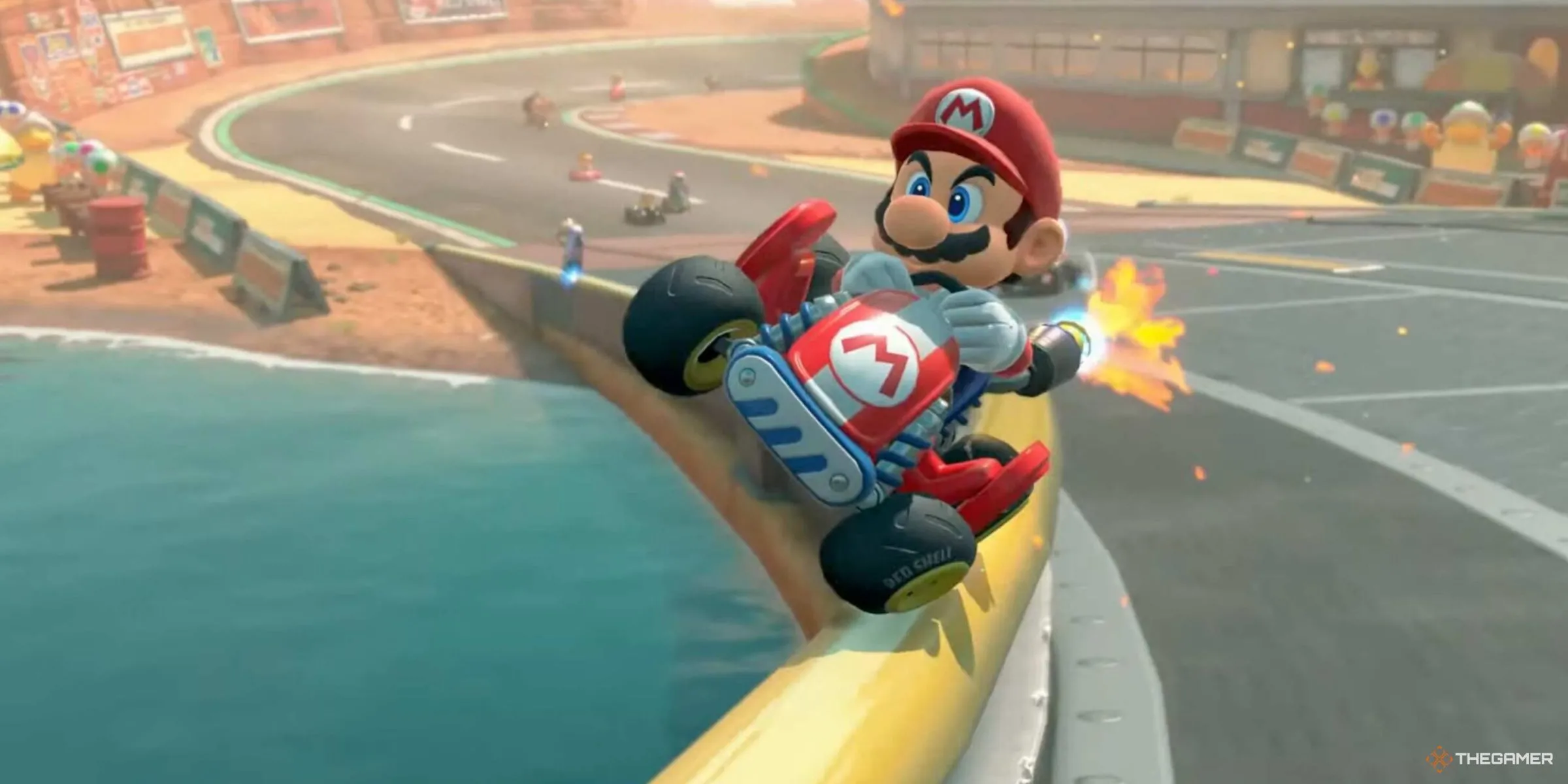 Mario thực hiện động tác trượt trên ray (rail grinding) khi ôm cua trên đường đua Mario Bros. Circuit trong Mario Kart World.