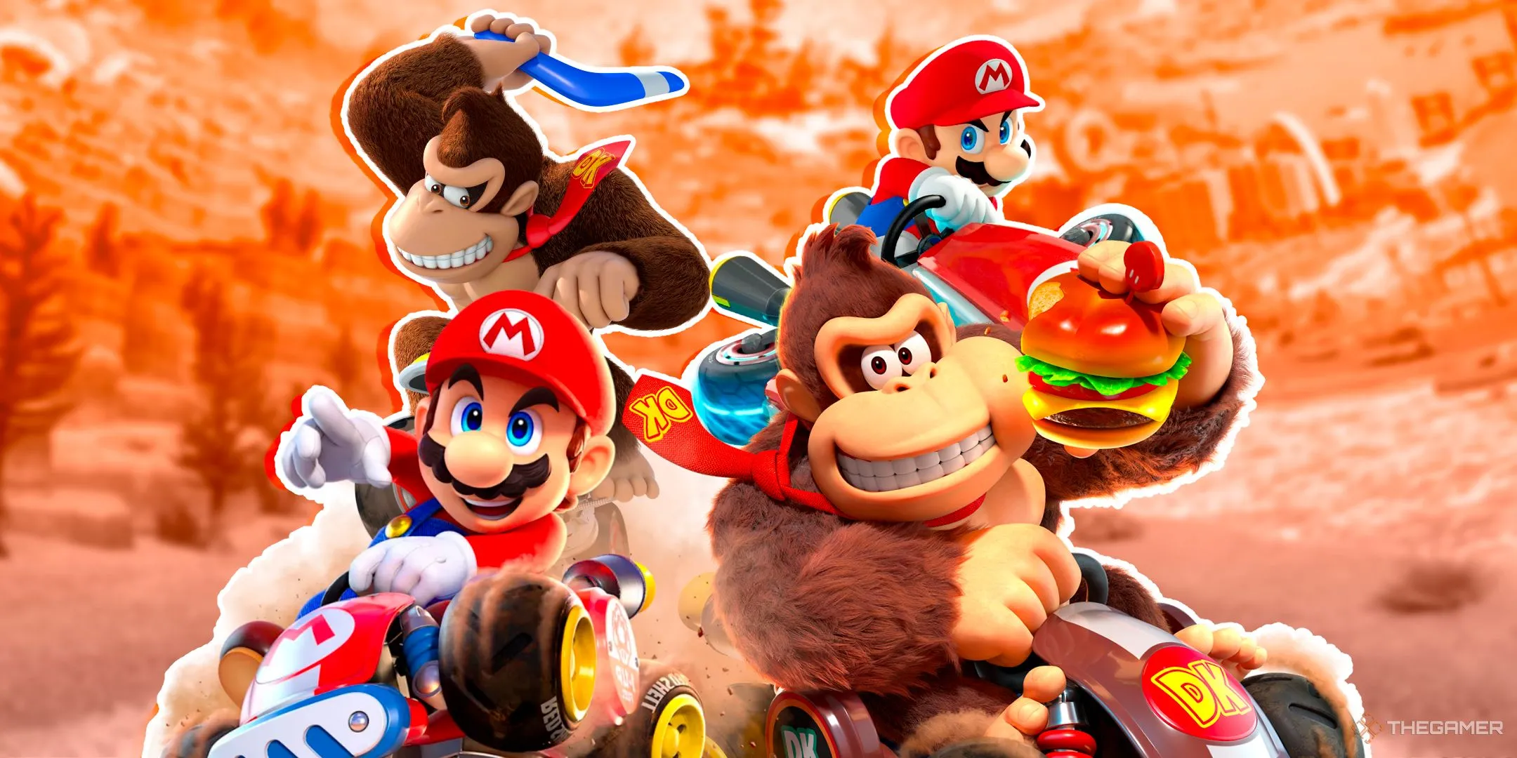 Mario và Donkey Kong đua xe trong Mario Kart World với thiết kế từ Mario Kart 8 Deluxe