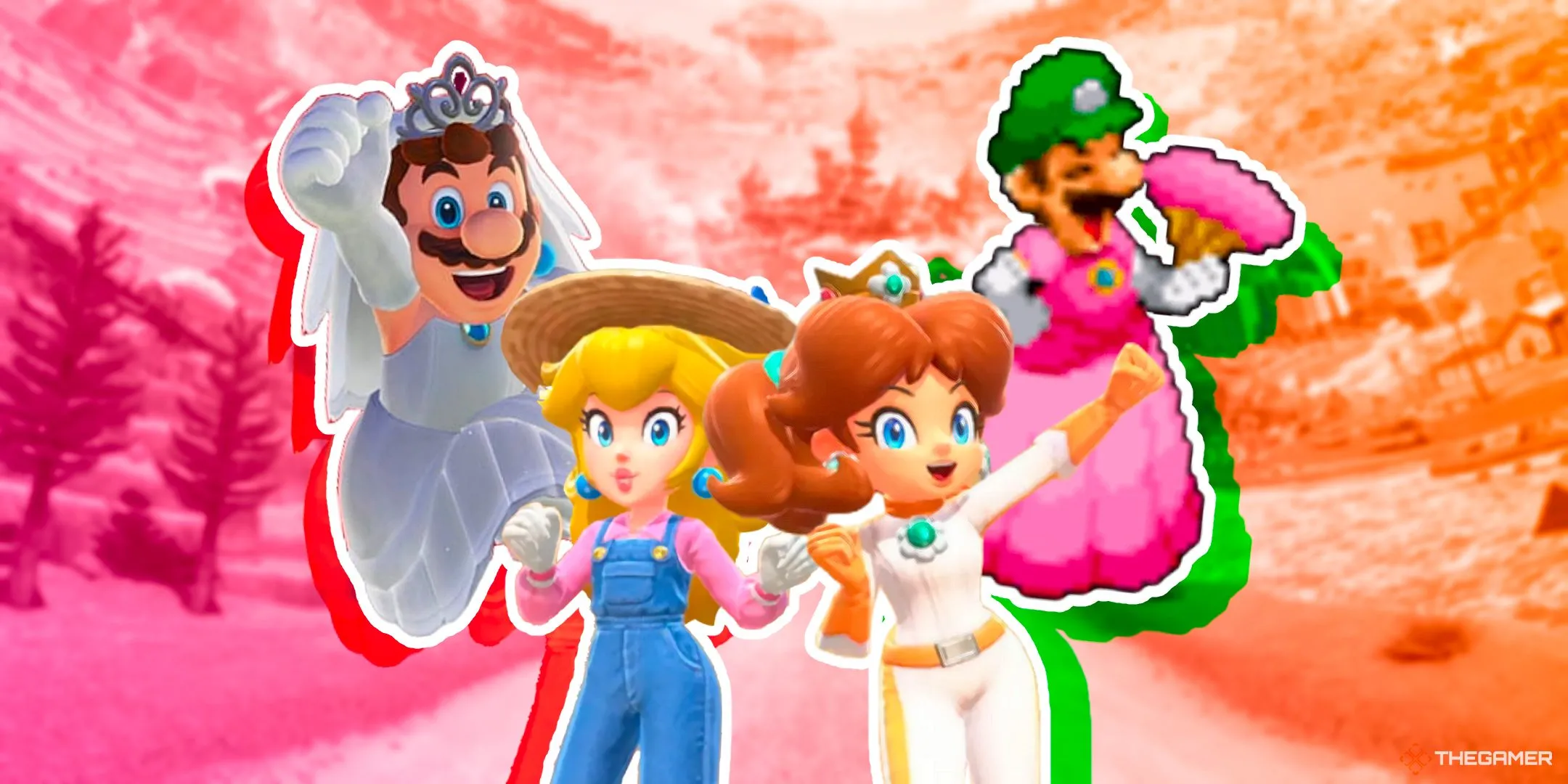 Mario và Luigi mặc váy cưới của Peach, cùng Peach và Daisy trong trang phục du lịch từ Mario Kart World
