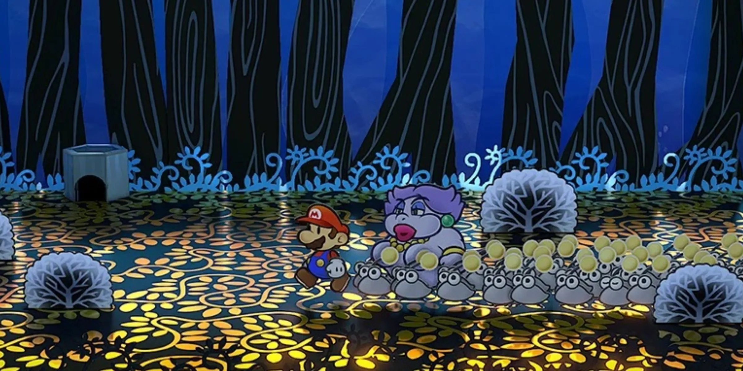 Mario và Madam Flurrie cùng đàn Puni trong Paper Mario: The Thousand-Year Door trên Nintendo Switch