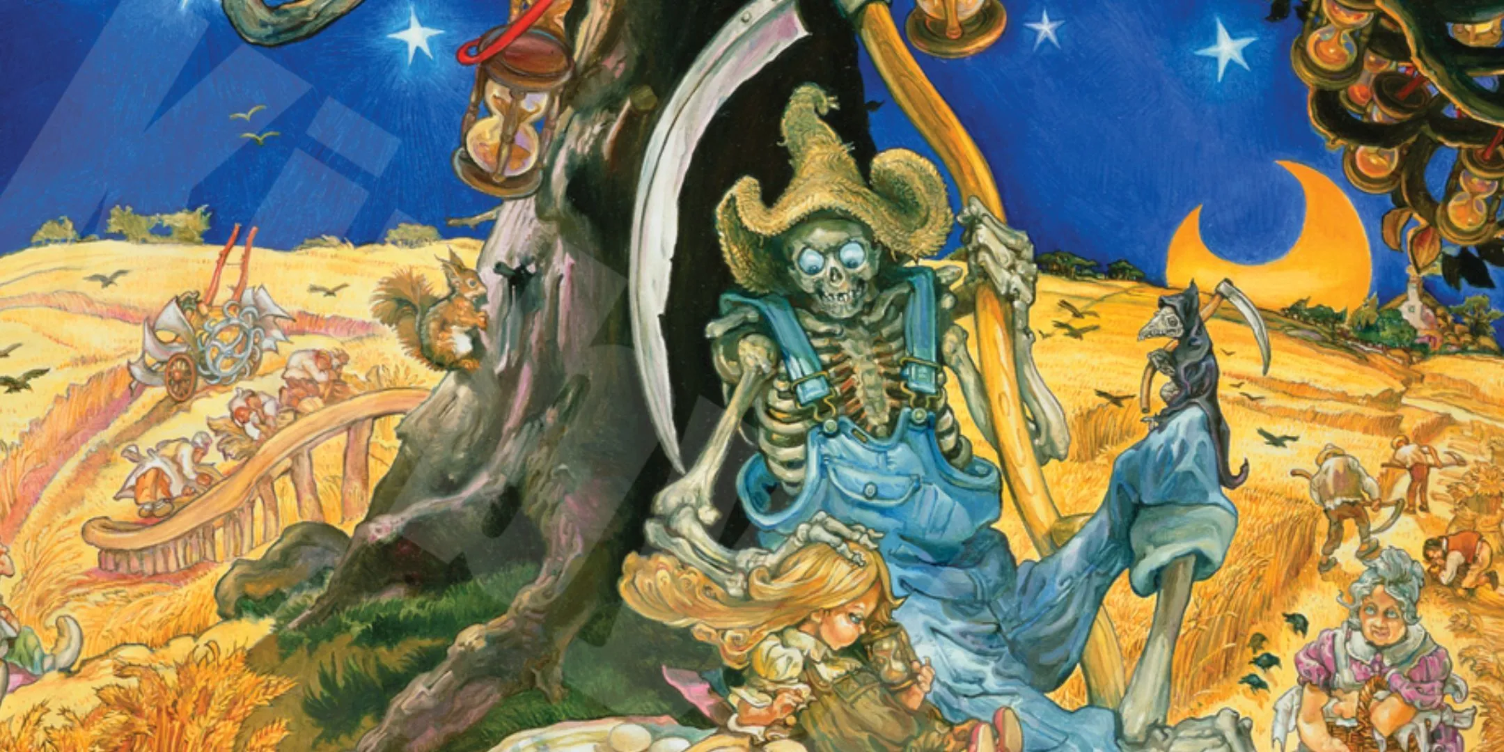 Minh họa Discworld của Josh Kirby, đặc trưng với nhân vật Thần Chết và bối cảnh siêu thực
