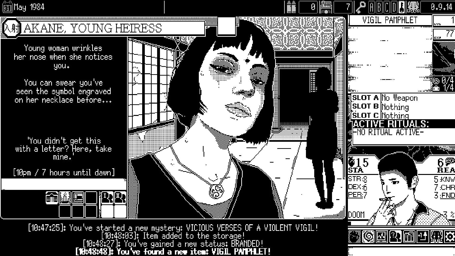 Minh họa một cảnh trong World of Horror, cho thấy giao diện chiến đấu turn-based và hình ảnh kẻ thù đáng sợ được vẽ theo phong cách truyện tranh kinh dị Nhật Bản