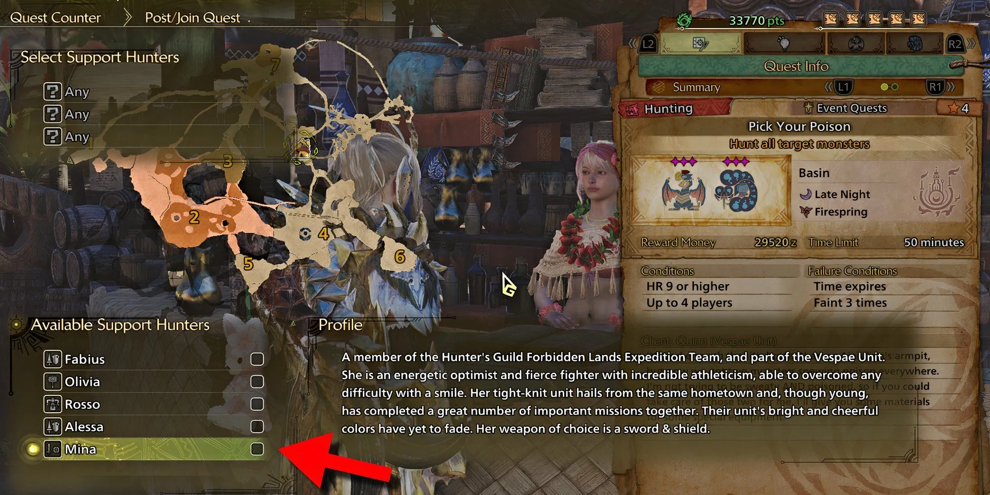 Mô tả thông tin và điều kiện mở khóa Mina, Support Hunter Sword &amp; Shield trong Monster Hunter Wilds