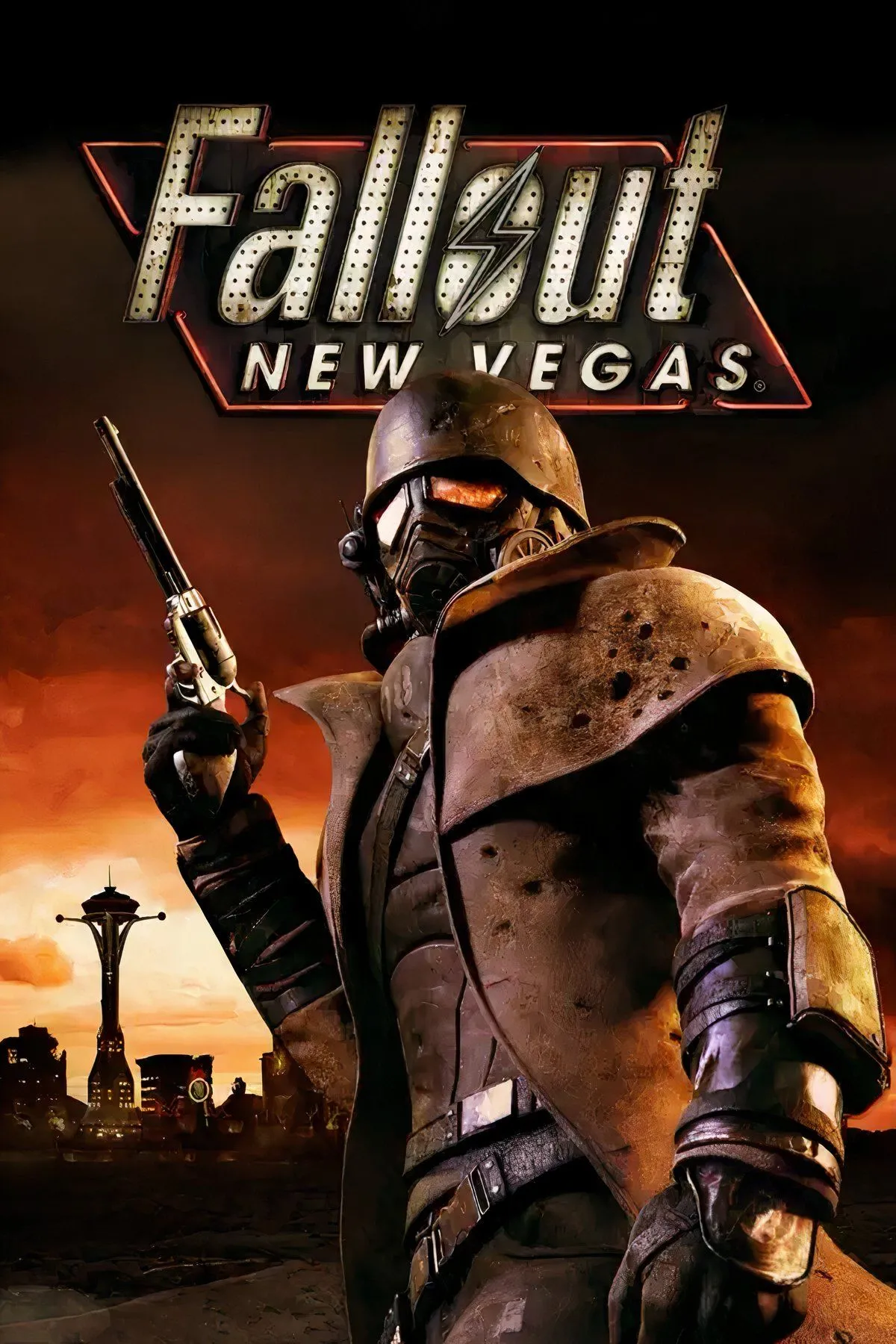 Một cảnh quan hoang tàn và khô cằn của Fallout New Vegas với các công trình bị phá hủy