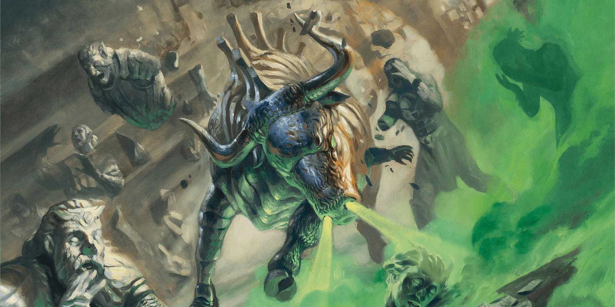 Một Gorgon sử dụng hơi thở hóa đá tấn công nhóm phiêu lưu trong Dungeons &amp; Dragons
