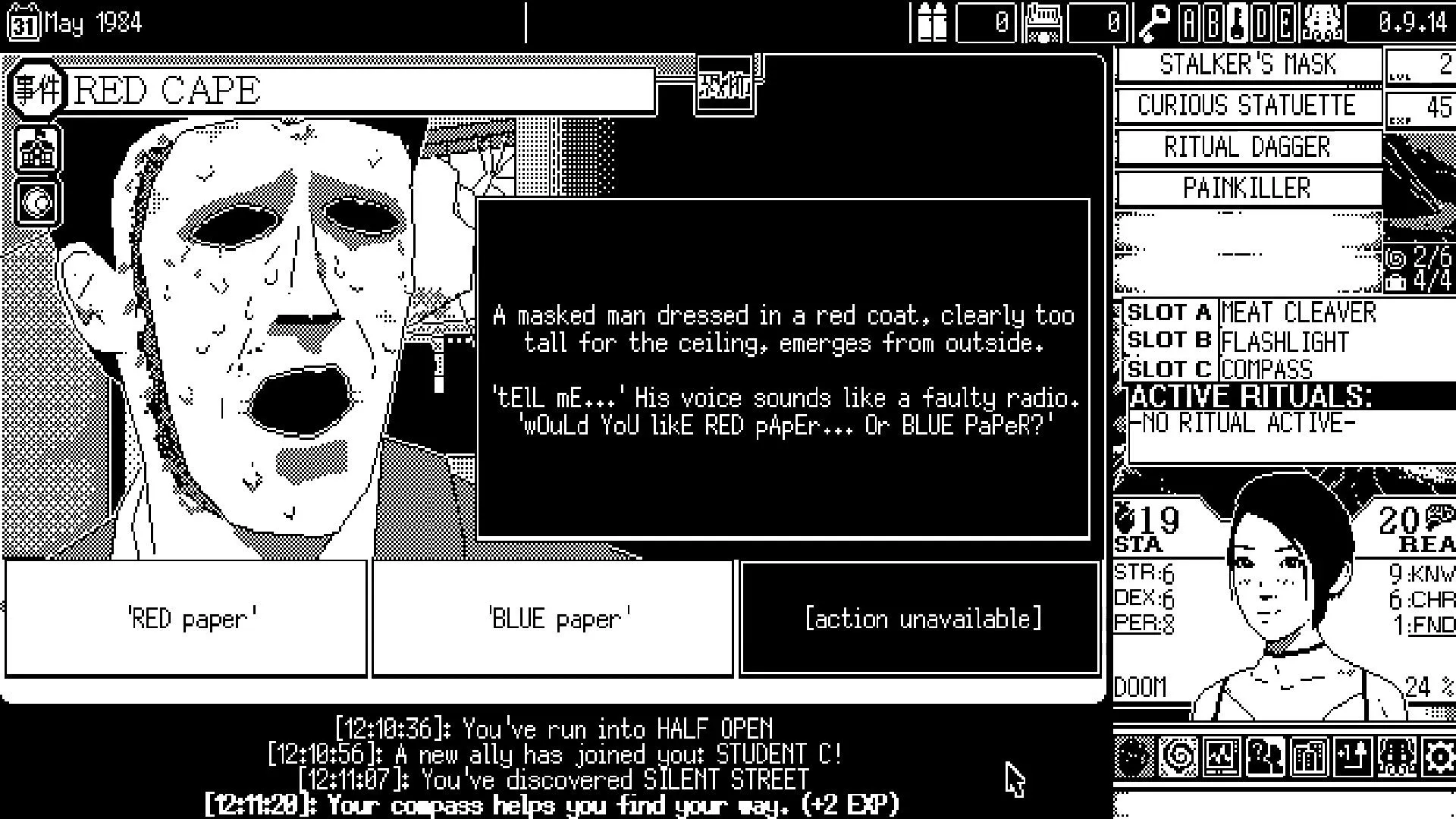 Một hình ảnh khác từ World of Horror, miêu tả một quái vật bí ẩn với chi tiết đồ họa 1-bit, tạo cảm giác đáng sợ và kỳ dị