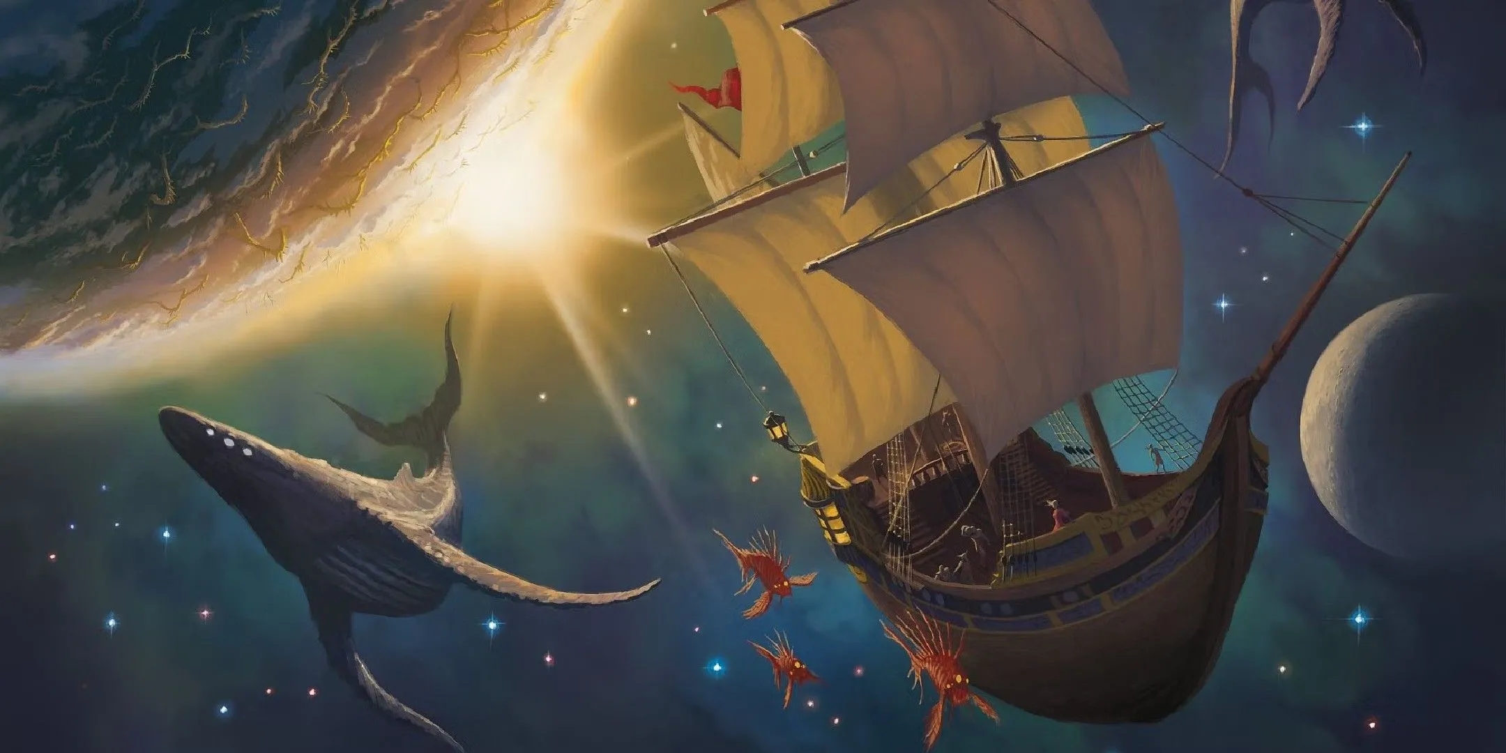 Một tàu Spelljammer bay xuyên không gian astral trong Dungeons &amp; Dragons, thể hiện yếu tố ma thuật trong hải chiến