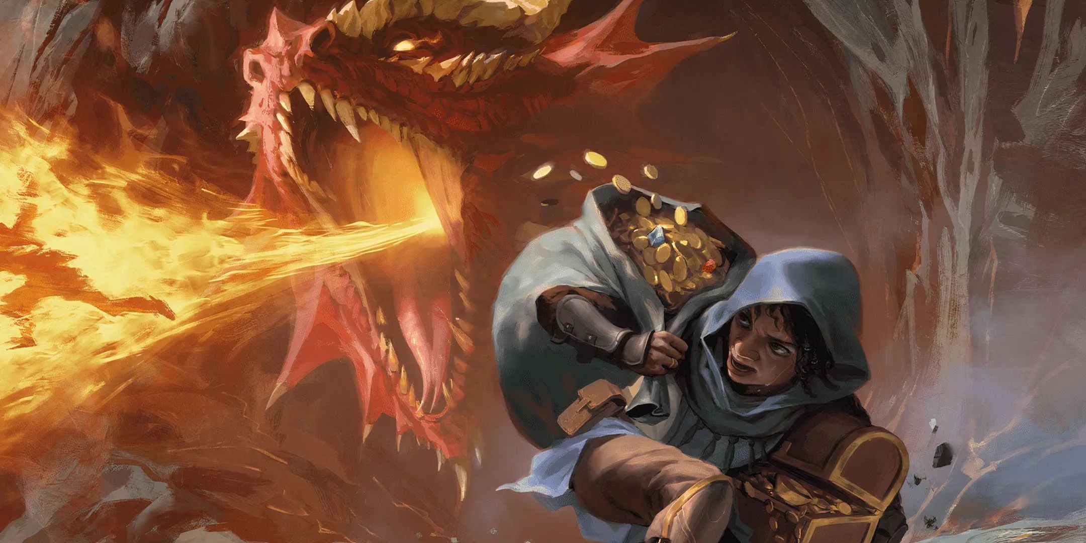Một tên trộm ôm rương kho báu và túi vàng chạy trốn khỏi rồng đỏ trong Dungeons &amp; Dragons, minh họa giá trị của chiến lợi phẩm