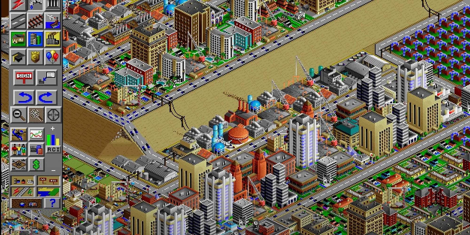 Một thành phố lớn với những tòa nhà chọc trời hùng vĩ trong SimCity 2000, minh họa mục tiêu xây dựng dân số nhanh chóng