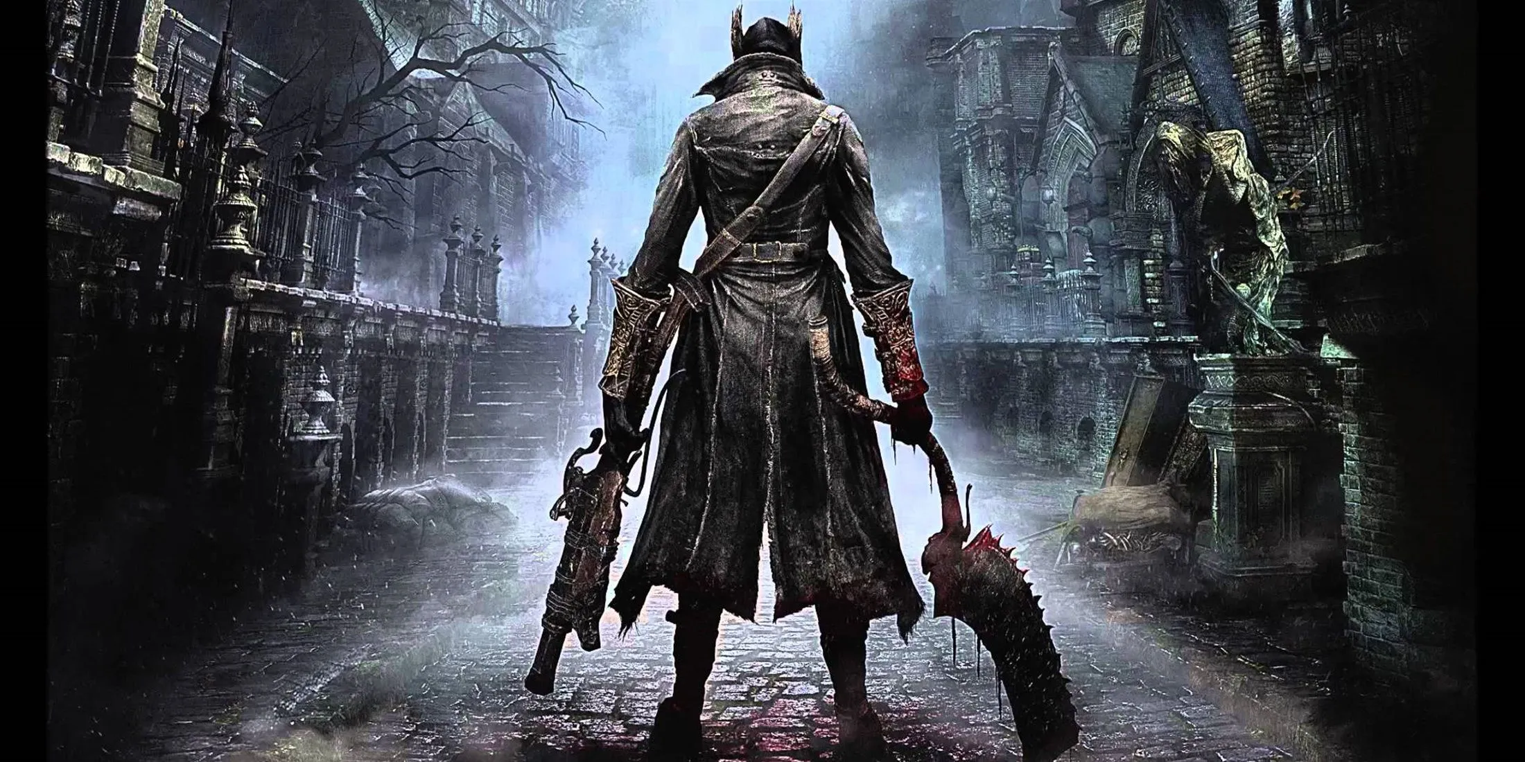 Một thợ săn trong Bloodborne đang đối mặt với kẻ thù trong một con hẻm tối tăm của Yharnam