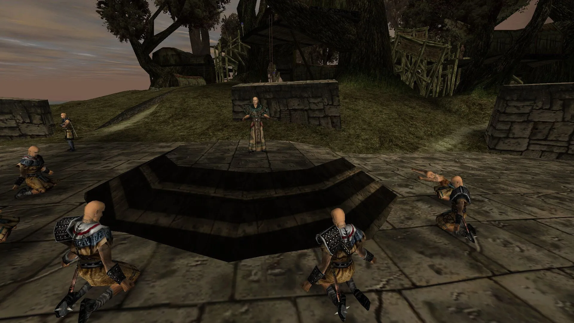 Một trong ba hình ảnh từ Gothic, cho thấy cảnh quan trong game với một tòa tháp cao chót vót và cây cối
