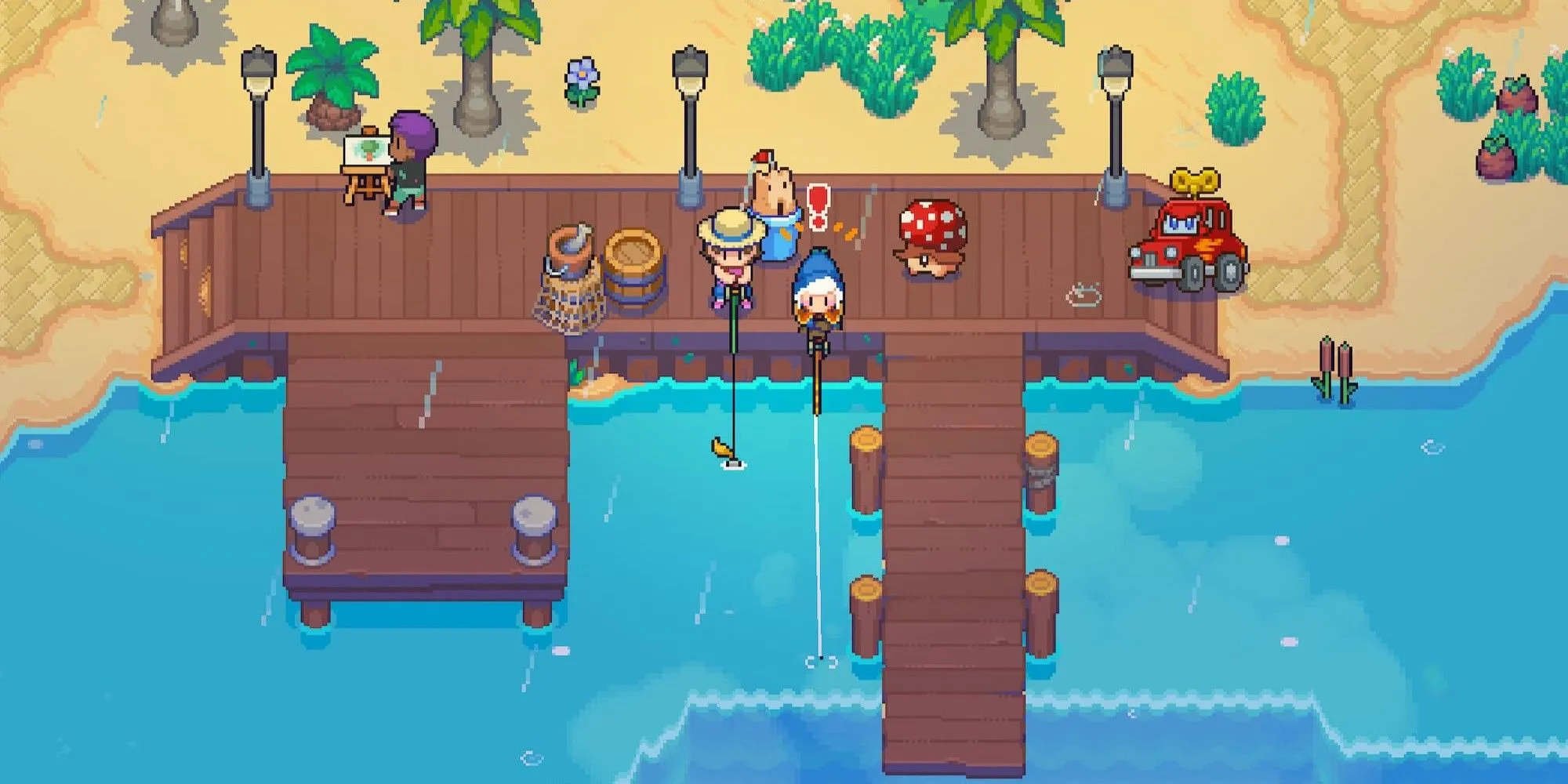 Người chơi đang câu cá trên một hòn đảo trong game Moonstone Island