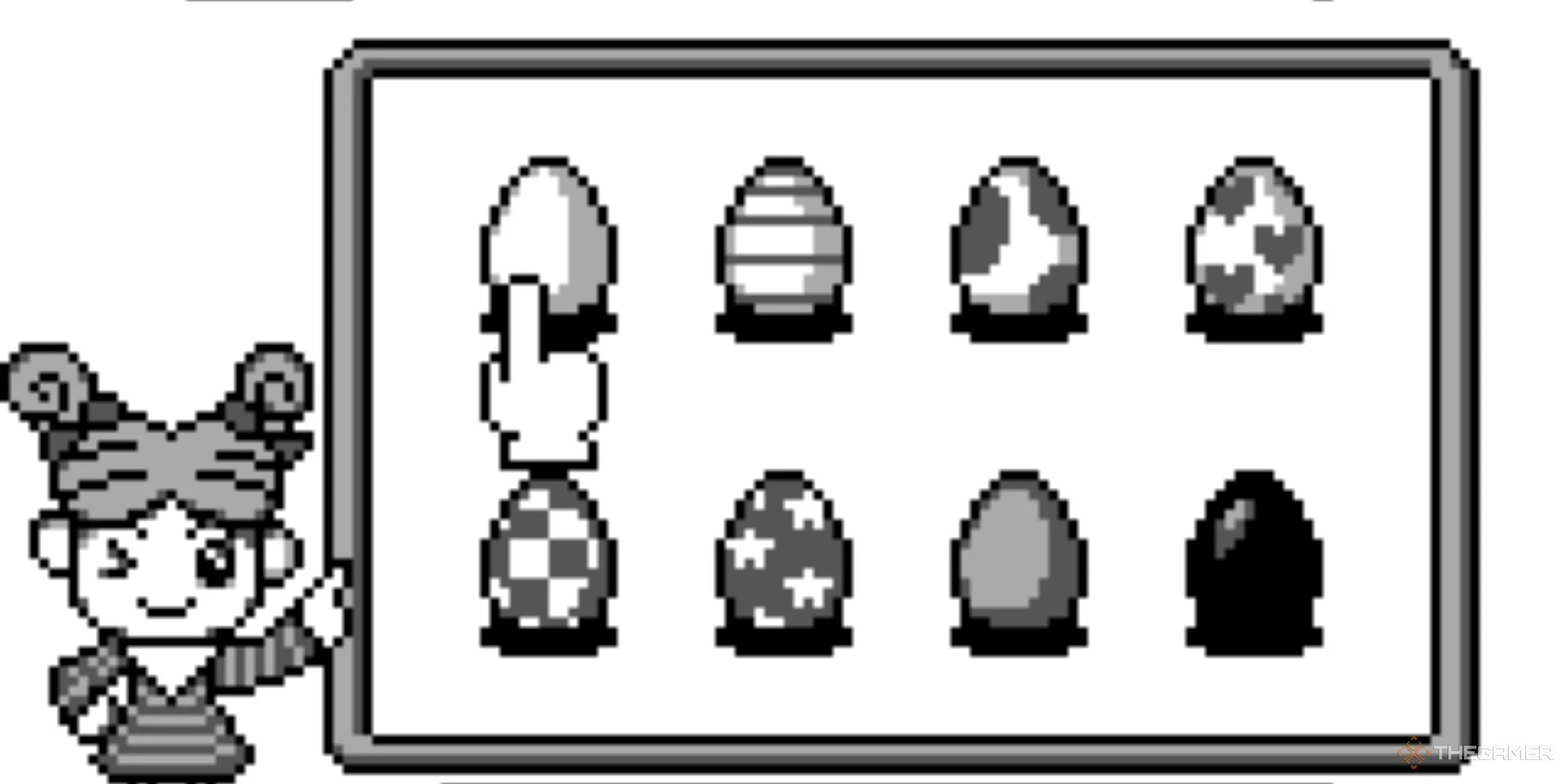 Người chơi lựa chọn trứng trong phòng trứng của game Tamagotchi trên Game Boy, bắt đầu quá trình nuôi thú ảo