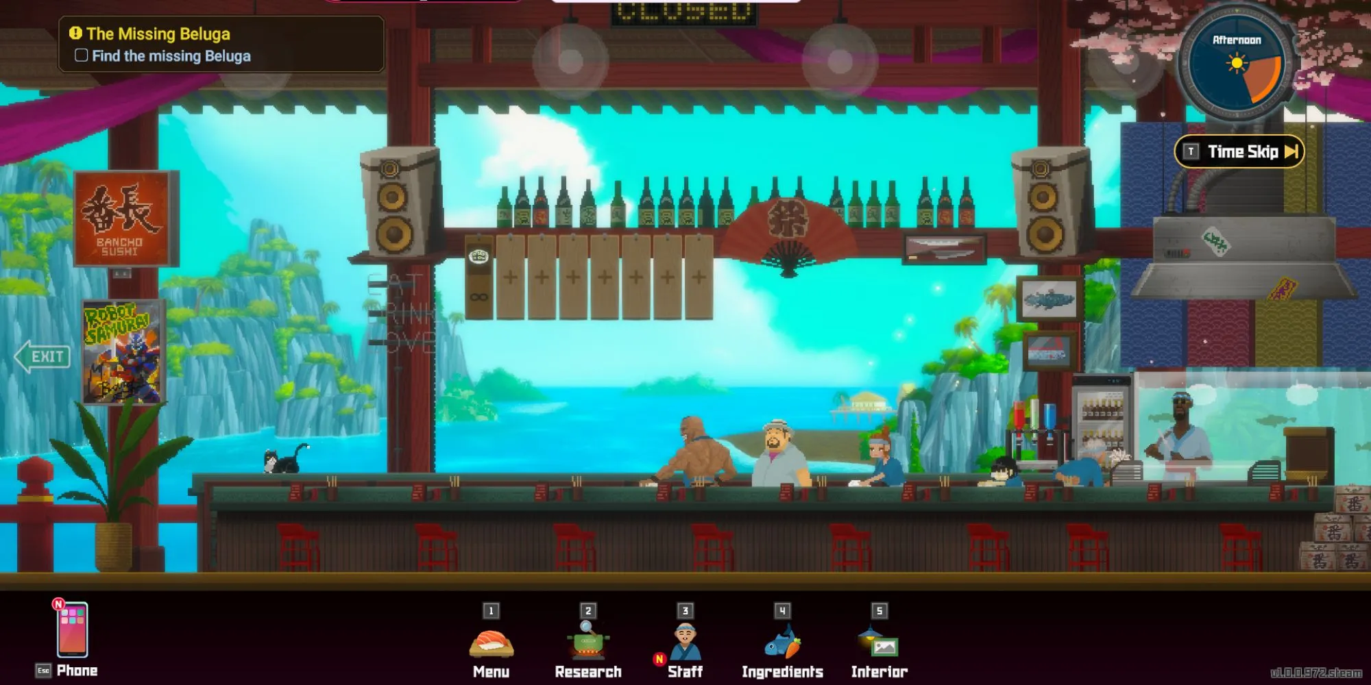 Nhà hàng Bancho Sushi trong Dave the Diver đang hoạt động nhộn nhịp vào ban ngày, thể hiện yếu tố quản lý nhà hàng của game