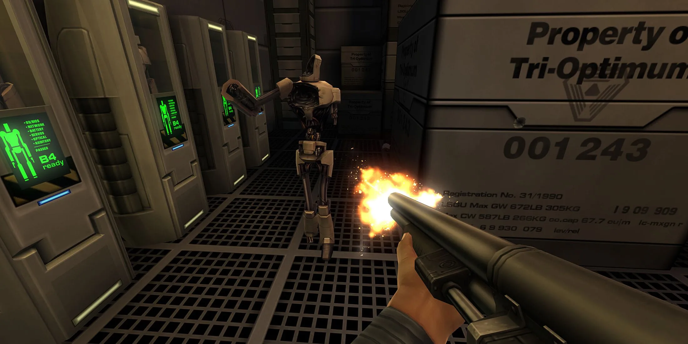Nhân vật cầm shotgun trong System Shock 2 Remaster