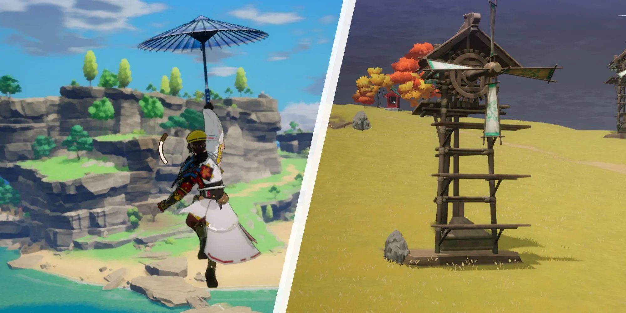 Nhân vật chính lướt dù và leo trèo khám phá môi trường trong Rune Factory Guardians of Azuma.