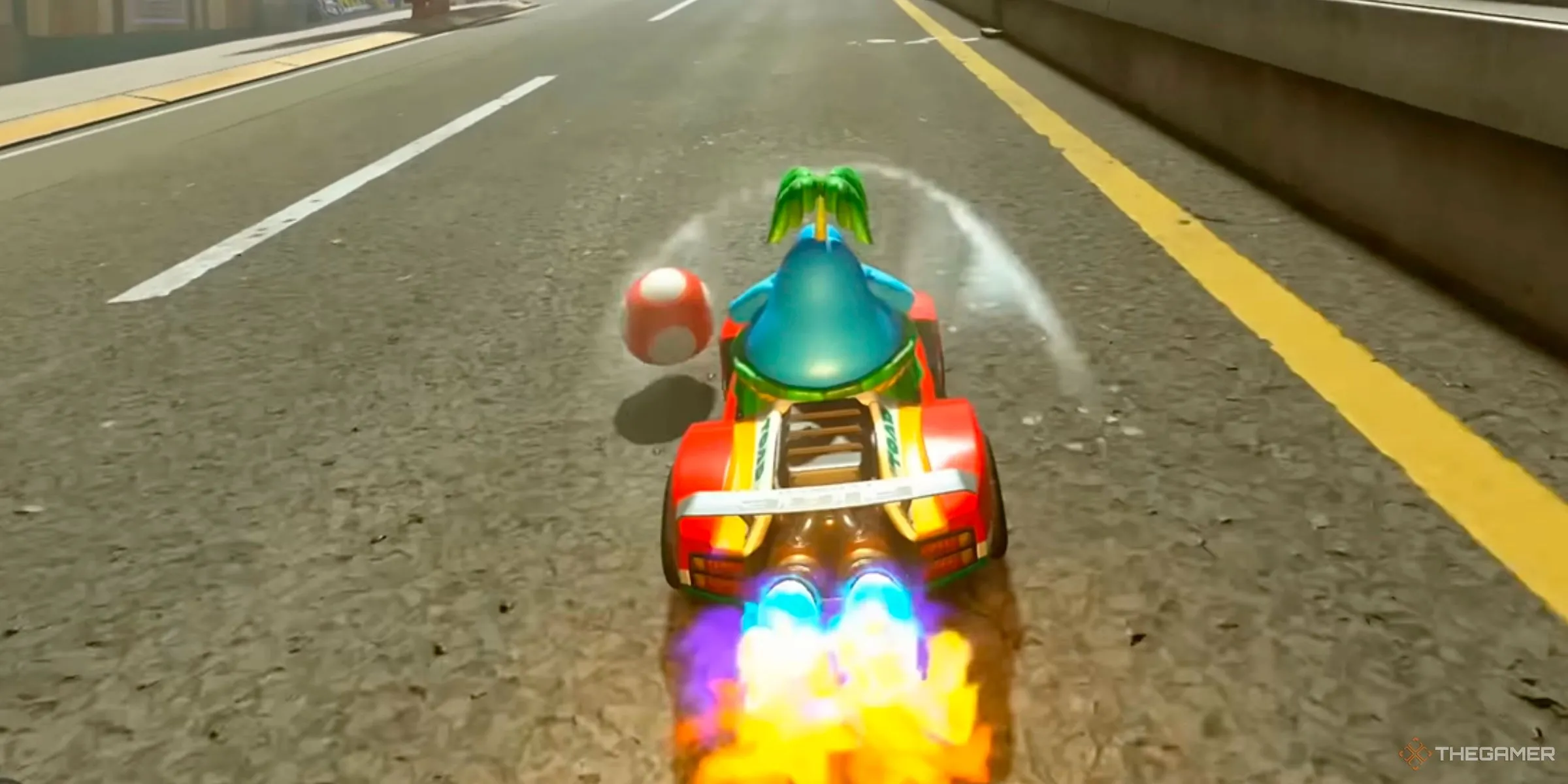 Nhân vật Pianta nhận hiệu ứng tăng tốc luồng khí (slipstream boost) trong khi cầm Nấm tại Crown City, Mario Kart World.