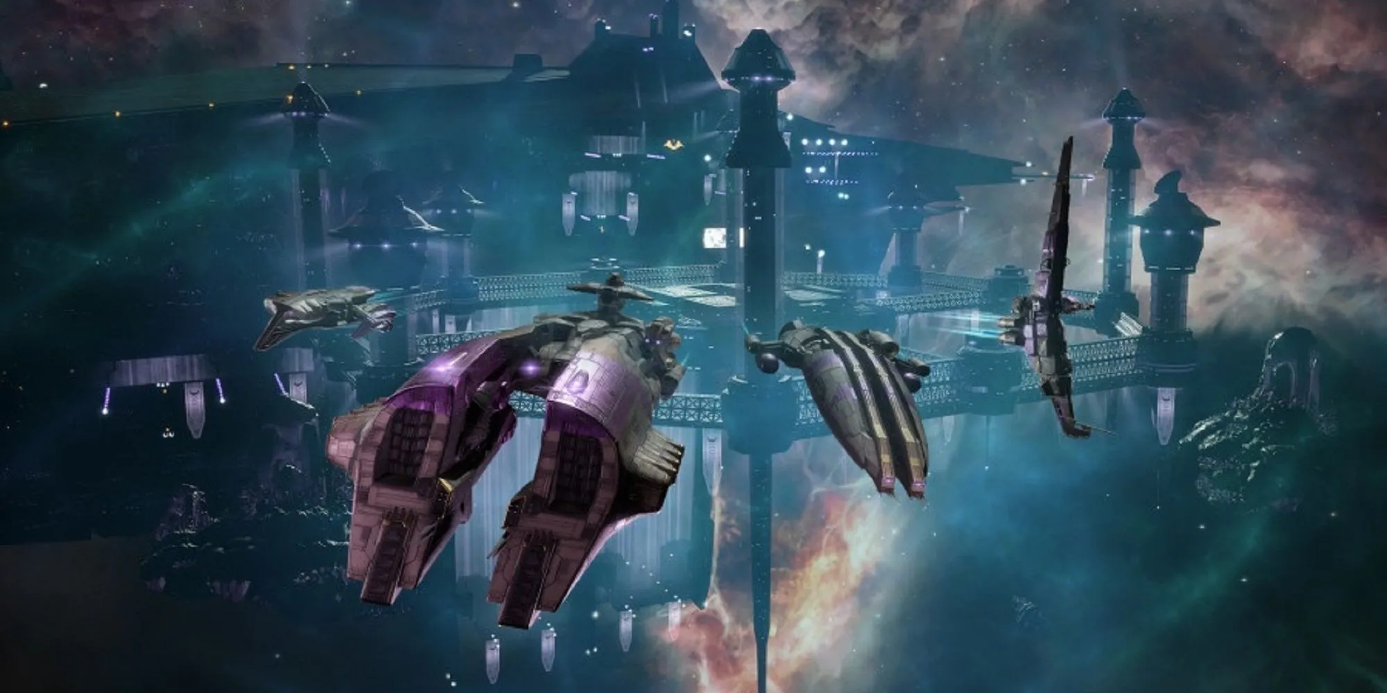 Nhiều tàu vũ trụ bay gần một tinh vân trong EVE Online, minh họa không gian rộng lớn và phức tạp của thế giới game