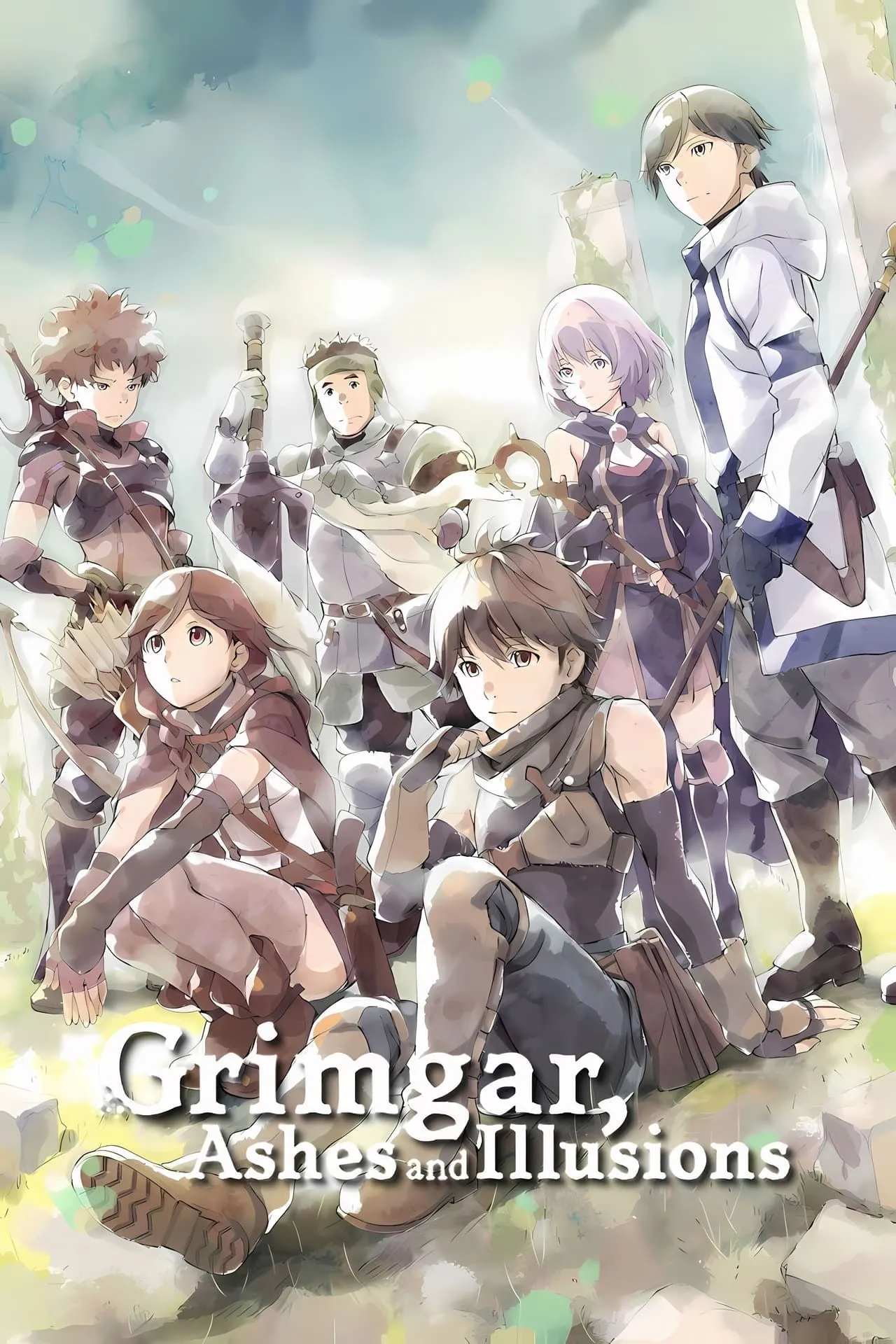 Nhóm nhân vật chính trong Grimgar of Fantasy and Ash với biểu cảm u buồn, phản ánh sự khắc nghiệt và mất mát trong thế giới isekai