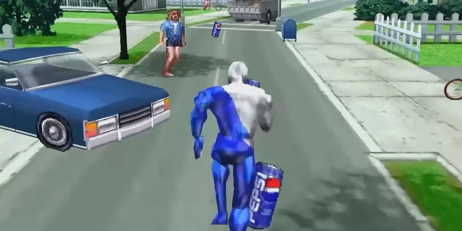 Pepsiman đang chạy trên đường trong game endless runner kỳ quặc Pepsiman trên PS1