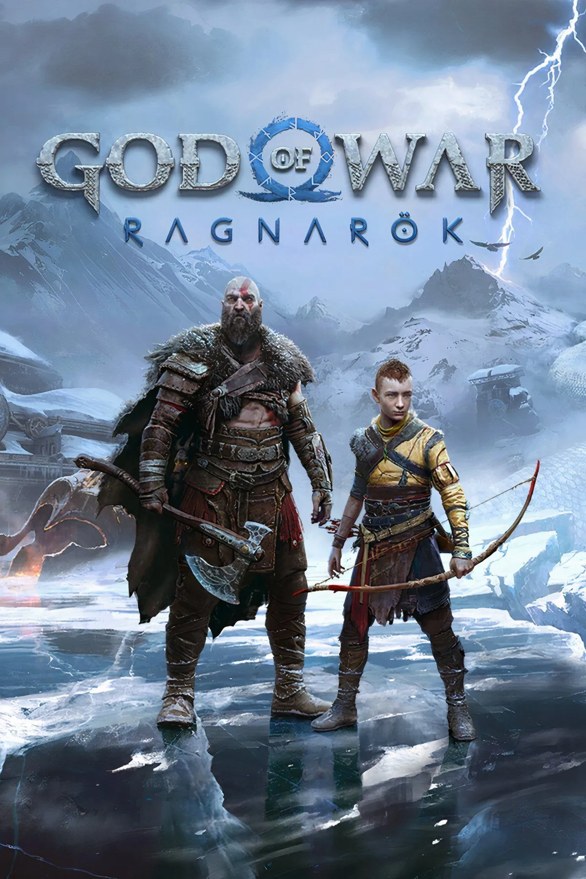 Poster chính thức của God of War Ragnarok, Kratos và Atreus cùng các nhân vật khác đứng trước cảnh Ragnarok sắp đến