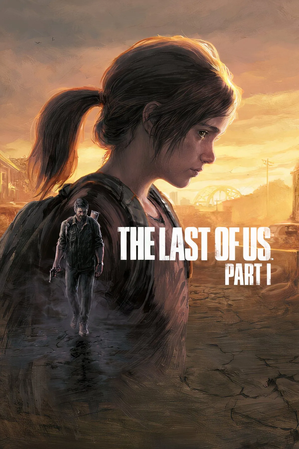 Poster của The Last of Us Part I với Joel và Ellie đang băng qua một thành phố bị tàn phá, ánh sáng vàng cam bao trùm