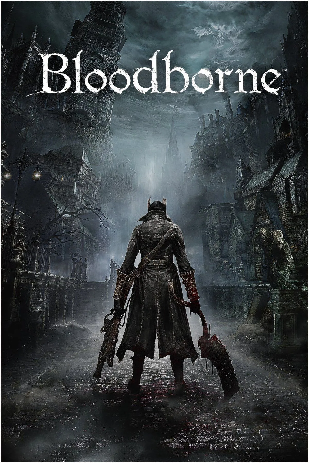 Poster game Bloodborne với thợ săn cầm vũ khí đặc trưng, đứng trong bối cảnh Gothic u ám của Yharnam