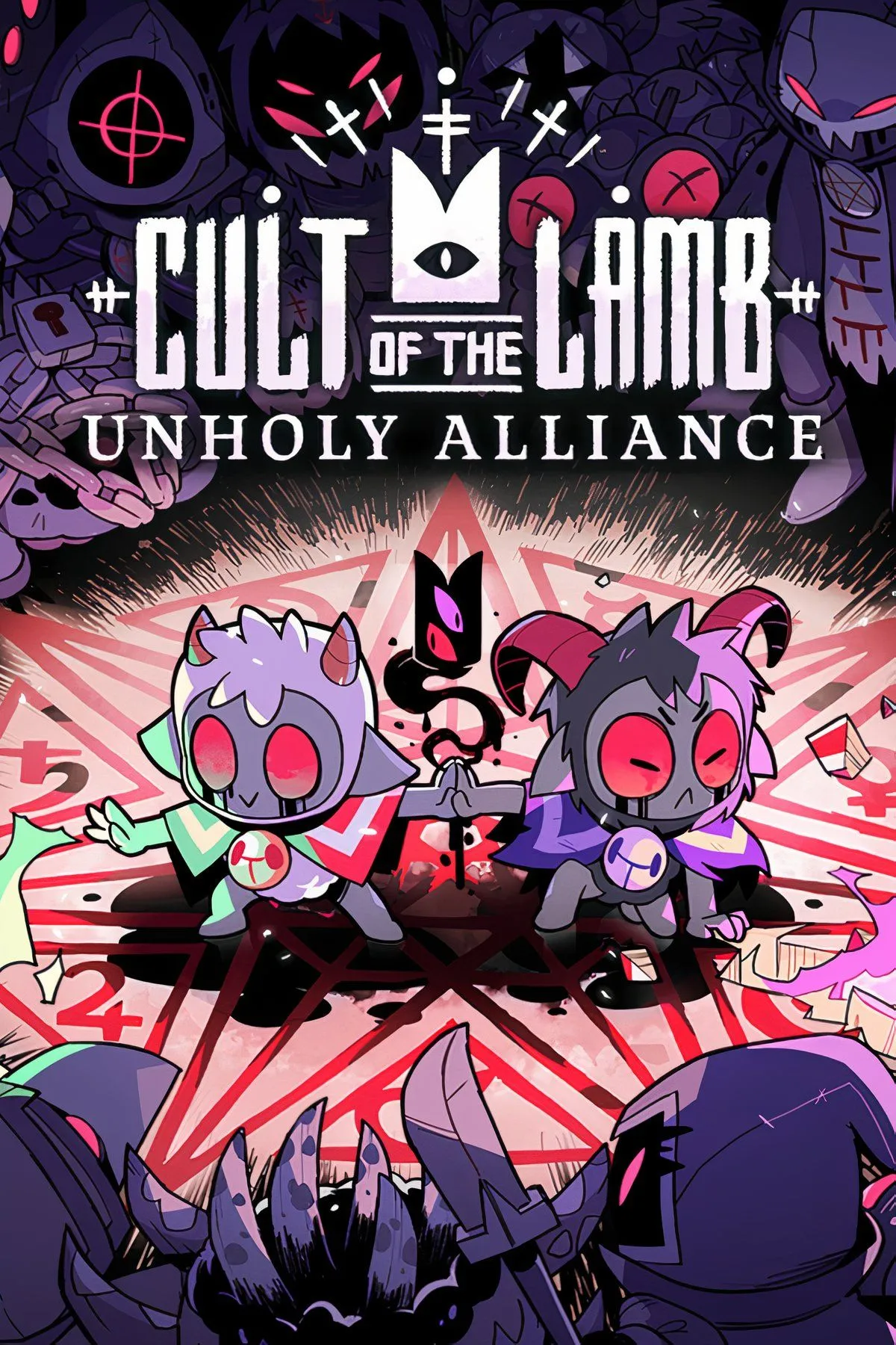 Poster game Cult of the Lamb với chú cừu Lamb đội vương miện của giáo phái, xung quanh là các tín đồ và biểu tượng tà giáo