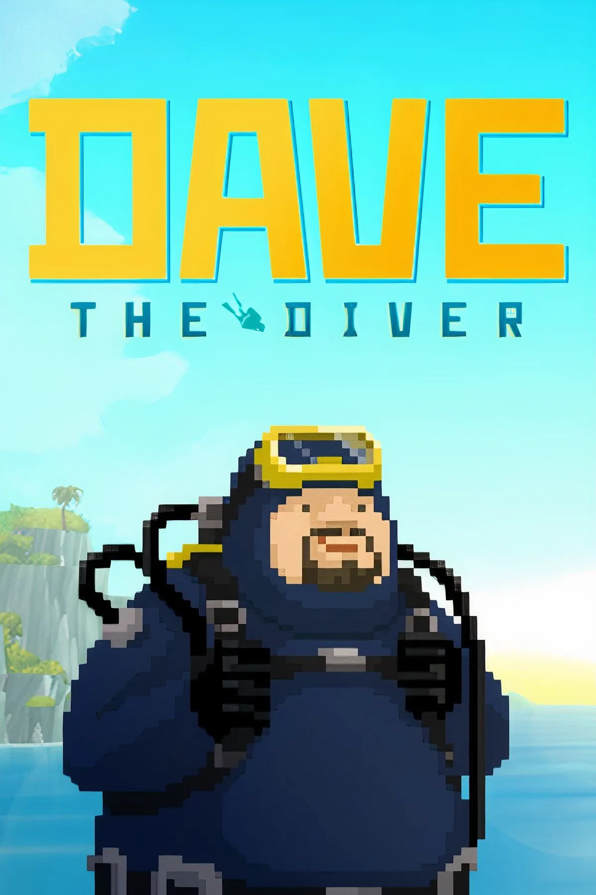 Poster game Dave the Diver với Dave đang lặn dưới biển sâu cùng cá và các sinh vật biển khác, phong cách pixel art đáng yêu