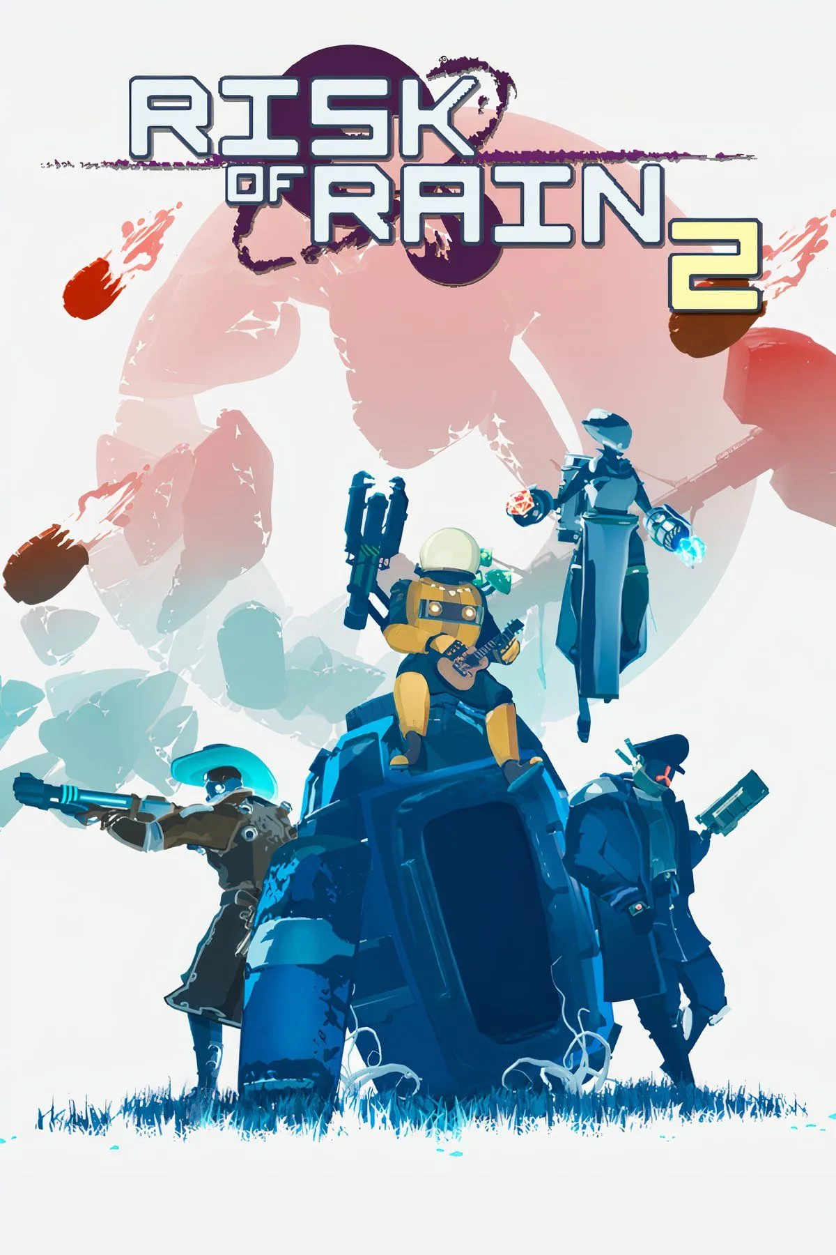 Poster game Risk of Rain 2 với các nhân vật quen thuộc như Commando, Huntress và Engineer trong bối cảnh hành tinh ngoài hành tinh
